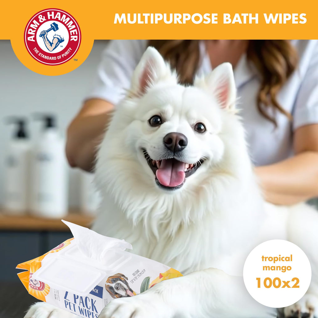 Arm and Hammer for Pets Heavy Duty Multipurpose Dog Bath Wipes, Mango Scent, Travel Size - All Purpose Wipes That Remove Odor and Refresh Dog Coat Between Baths, 30 Count
