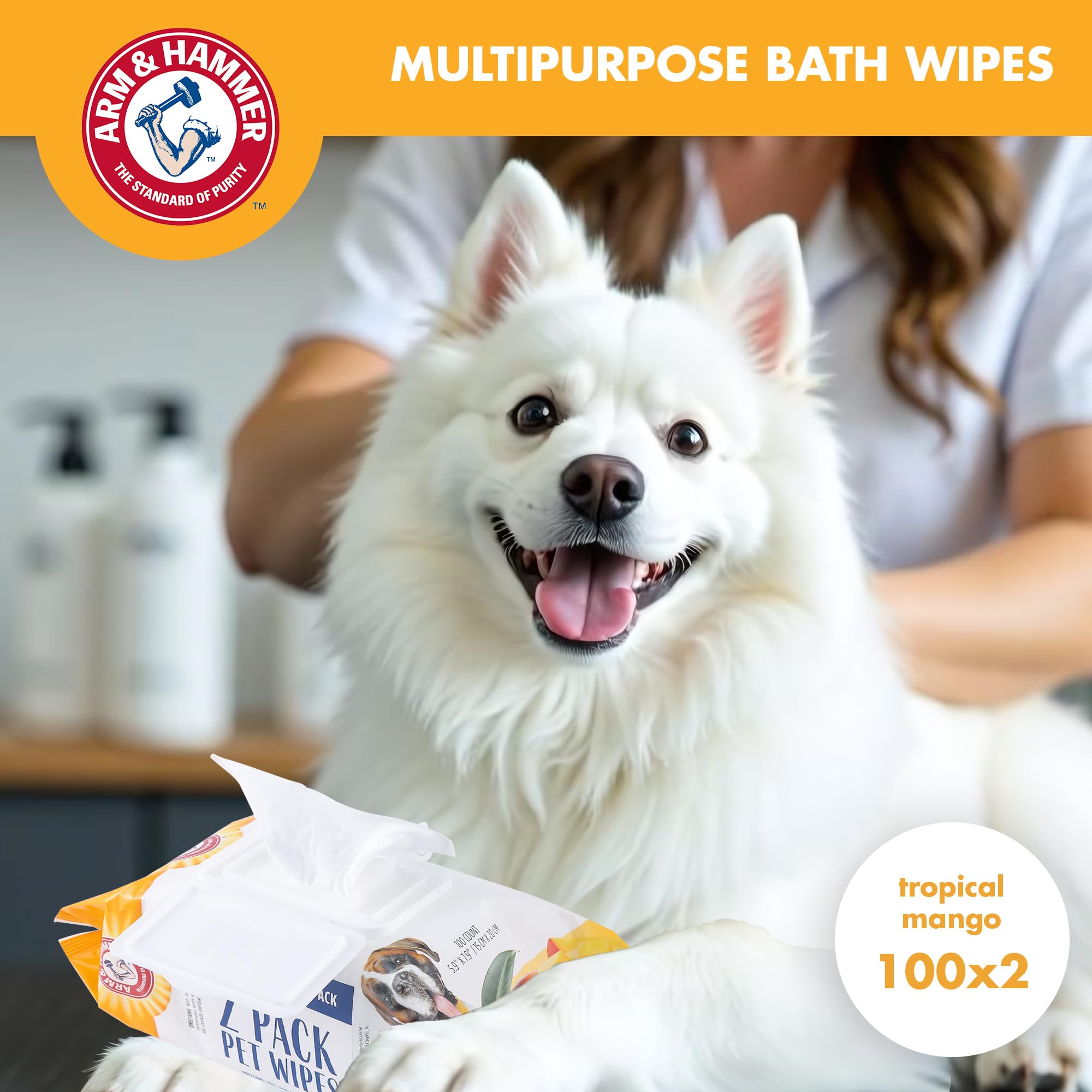 Arm and Hammer for Pets Heavy Duty Multipurpose Dog Bath Wipes, Mango Scent, Travel Size - All Purpose Wipes That Remove Odor and Refresh Dog Coat Between Baths, 30 Count