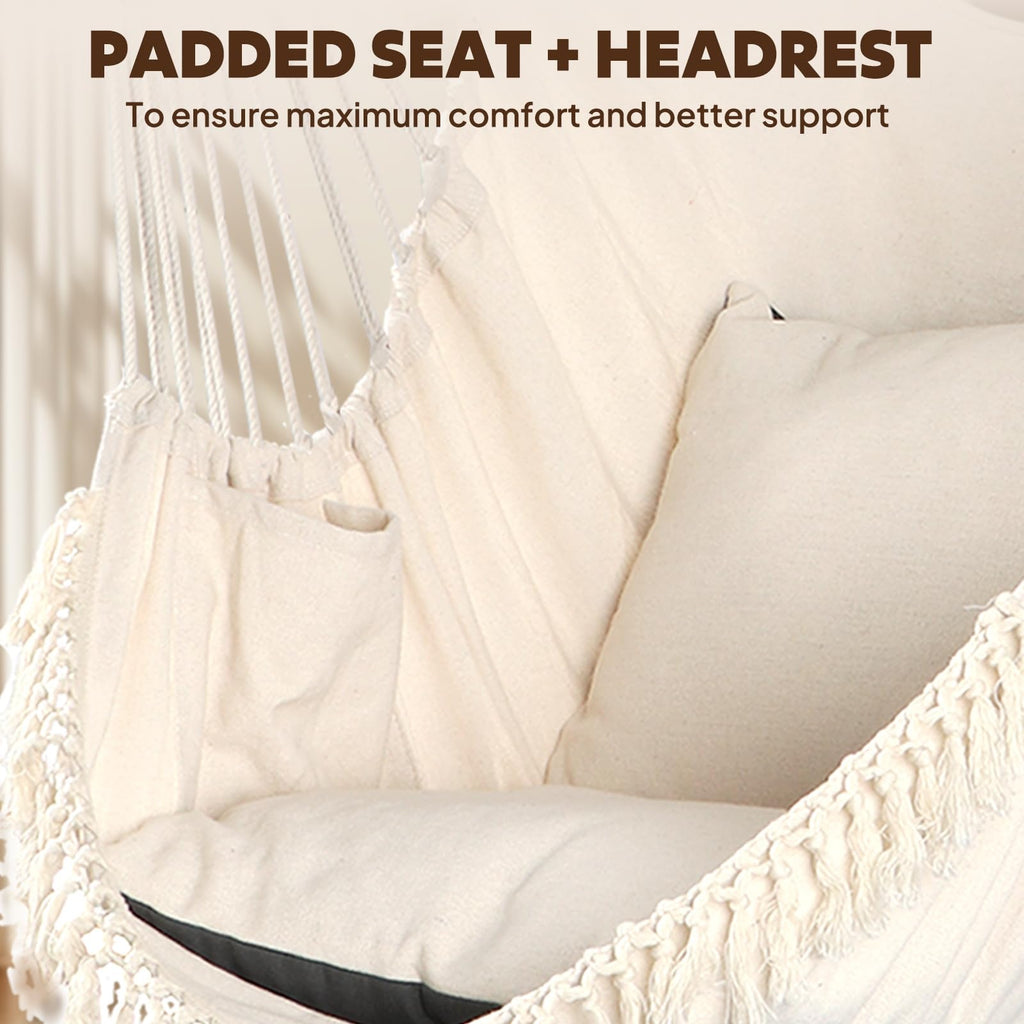 Chihee Hammock Chair Hanging Swing Max 500 Lbs 2 Cushions Included Metal Spreader Bar with Anti-Slip Grooves Portable Hanging Chair Side Pocket Large Macrame Bohemian Chair Indoor Outdoor | Hanging Swing with Anti-Slip Grooves Portable Hanging Chair Side