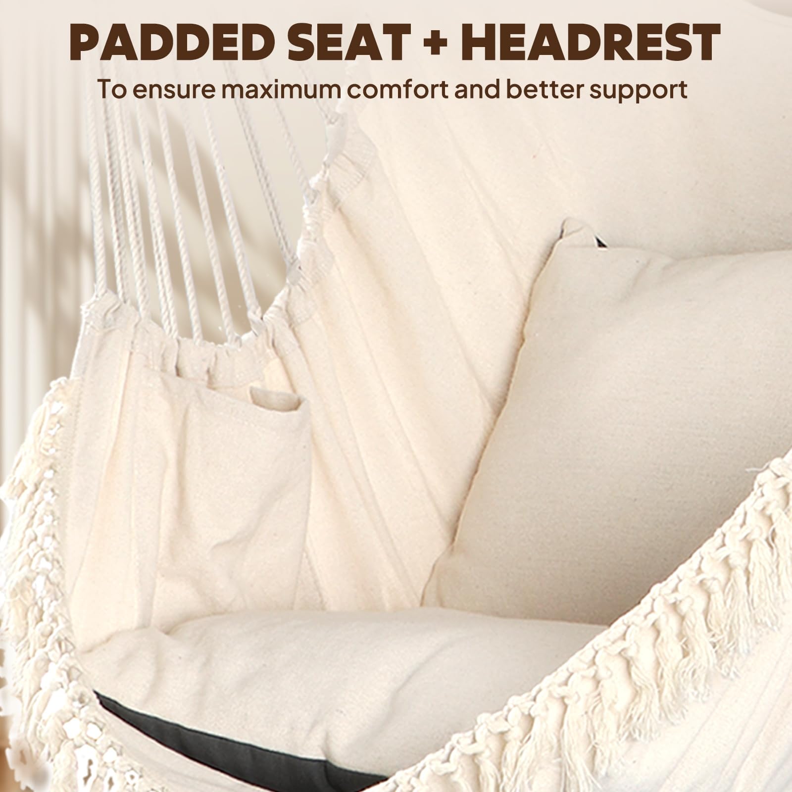 Chihee Hammock Chair Hanging Swing Max 500 Lbs 2 Cushions Included Metal Spreader Bar with Anti-Slip Grooves Portable Hanging Chair Side Pocket Large Macrame Bohemian Chair Indoor Outdoor | Hanging Swing with Anti-Slip Grooves Portable Hanging Chair Side