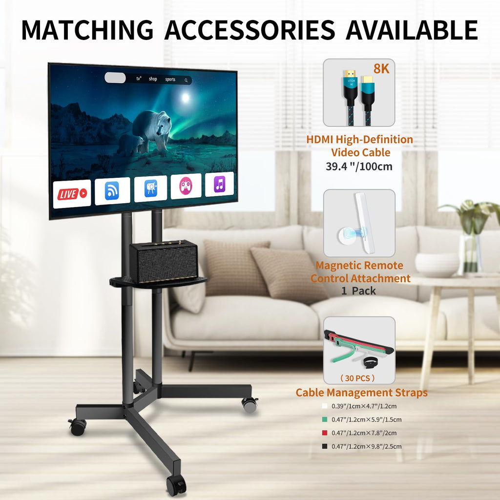 Solid Grace Rolling TV Stand with Power Outlet for 32-75 Inch TVs up to 88lbs, Portable TV Stand with Shelf, Mobile TV Cart for Living Room, Office, Meeting Room, Outdoor(with Power Outlet+Shelf)