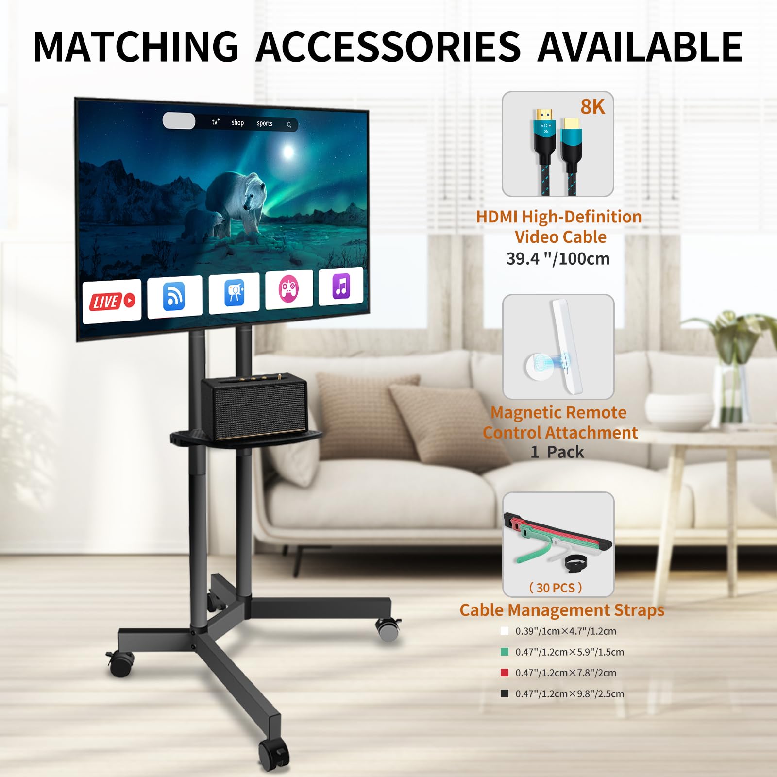 Solid Grace Rolling TV Stand with Power Outlet for 32-75 Inch TVs up to 88lbs, Portable TV Stand with Shelf, Mobile TV Cart for Living Room, Office, Meeting Room, Outdoor(with Power Outlet+Shelf)