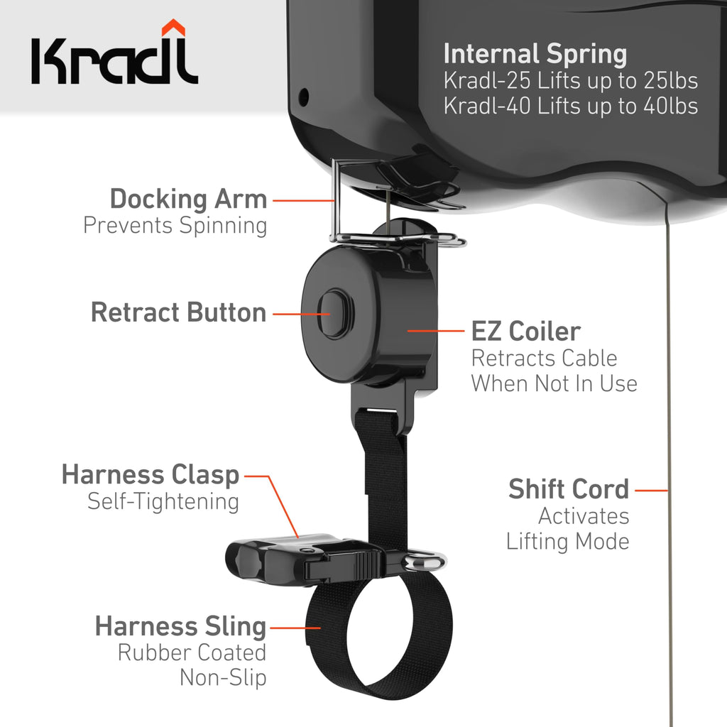 Kradl - Ceiling Mount Bike Lift and Rack. Bicycle Storage Hoist Without Electricity, Clumsy Ropes or Pulleys.