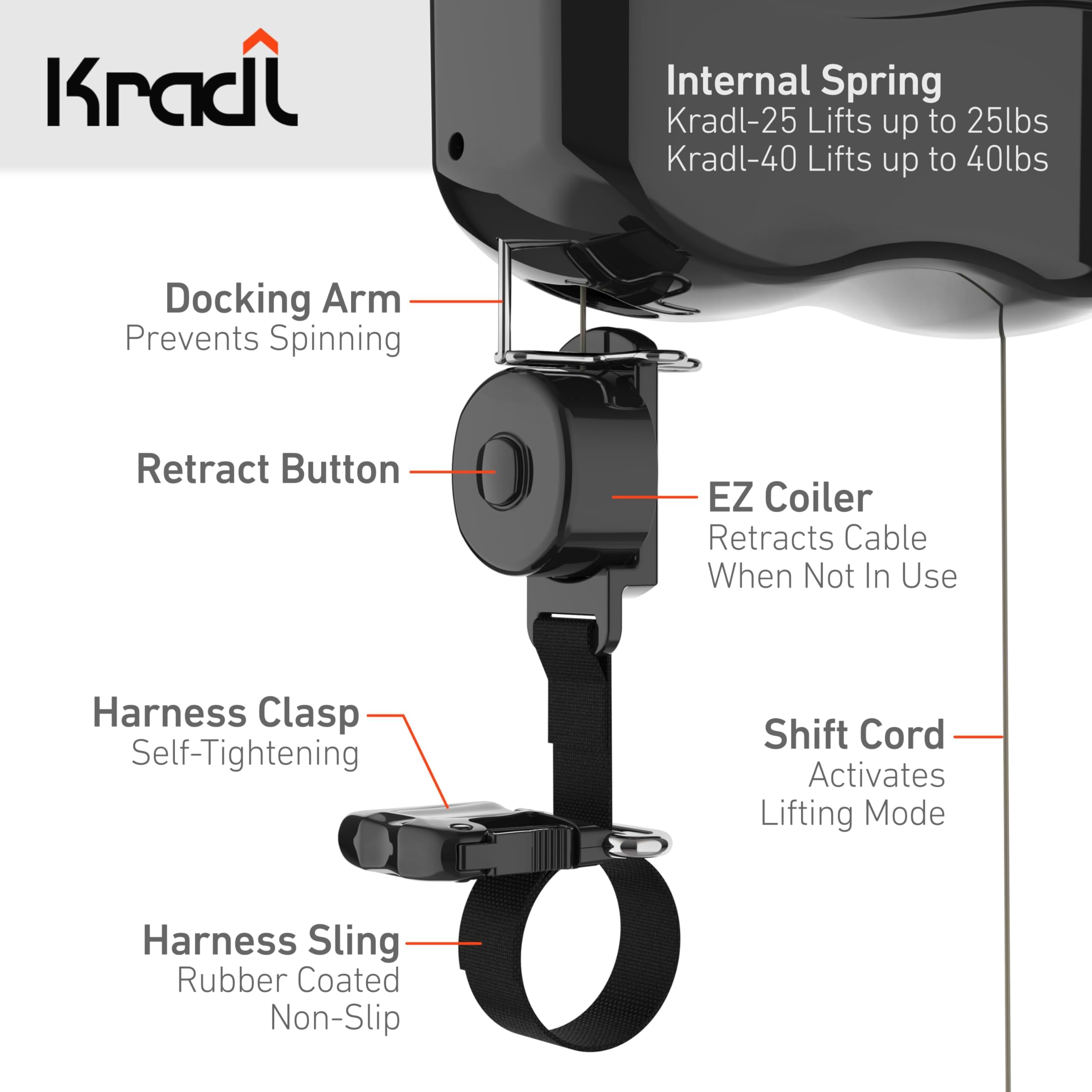 Kradl - Ceiling Mount Bike Lift and Rack. Bicycle Storage Hoist Without Electricity, Clumsy Ropes or Pulleys.