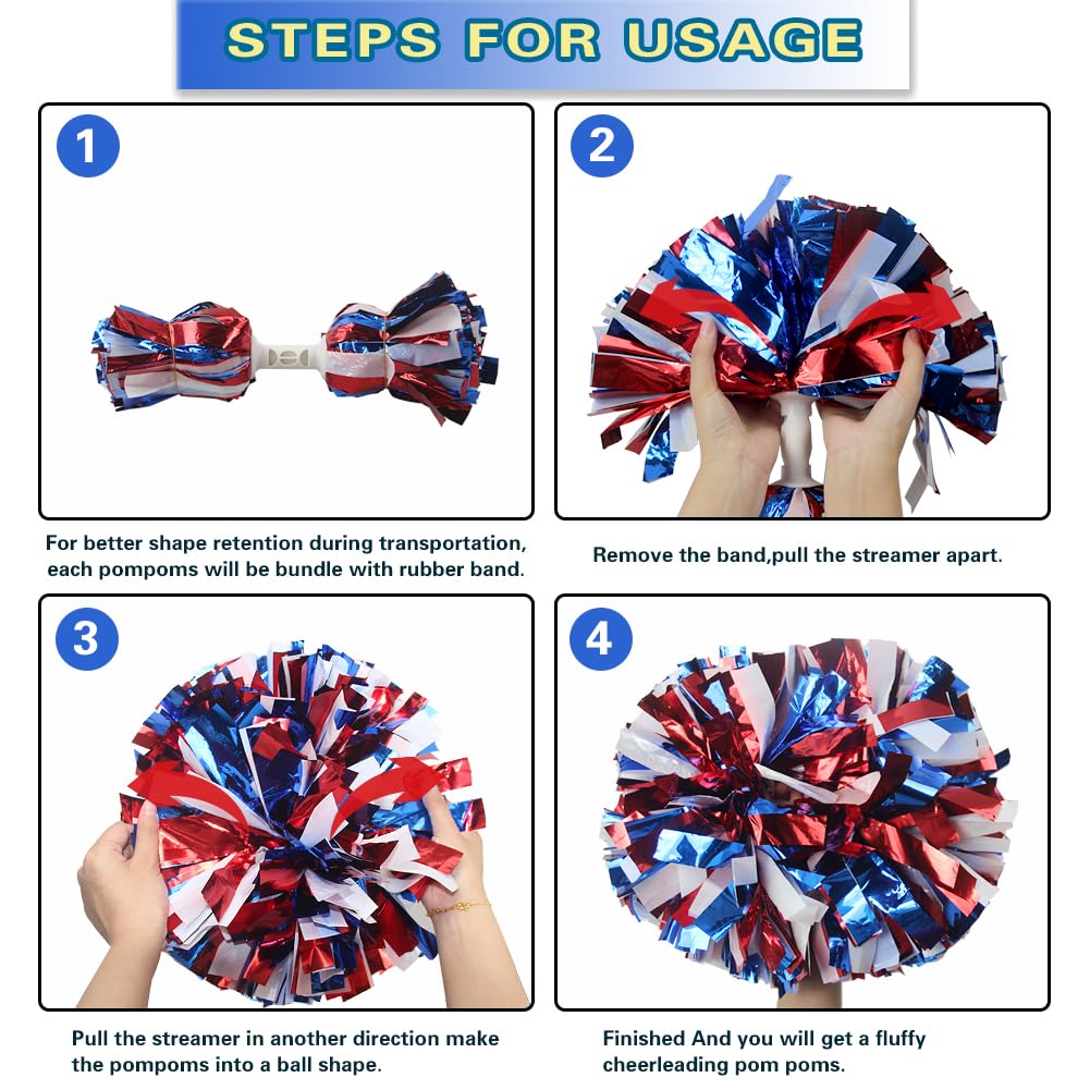Lovecheer 2PCS/6PCS Metallic Pom Poms Cheerleading with Baton Handle Cheer Pompoms for Kids Adults Team Sports Spirit Party Cheering