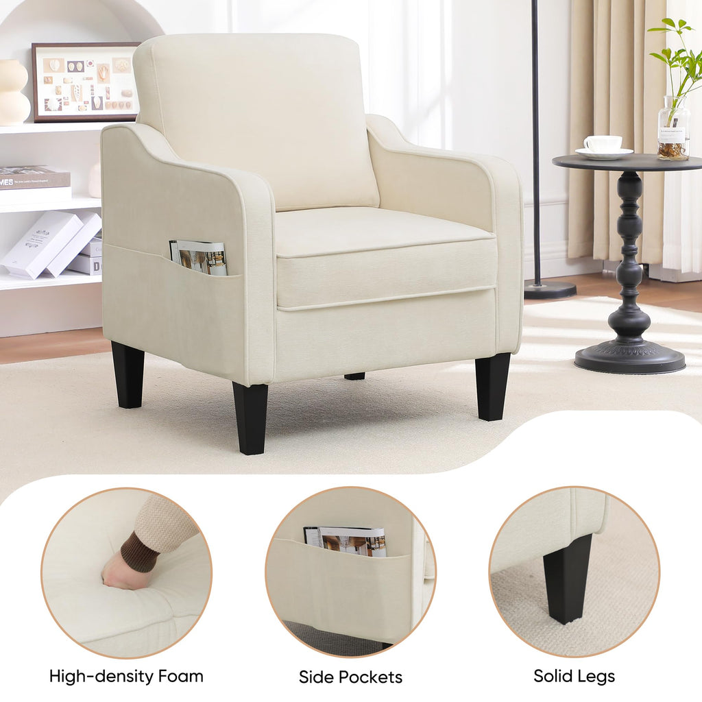 Accent Chair for Living Room, Mid Century Modern Reading Chair for Bedroom, Upholstered Armchair with Side Pockets, Comfy Single Sofa Side Chair for Office, Apartment, Small Room, Beige