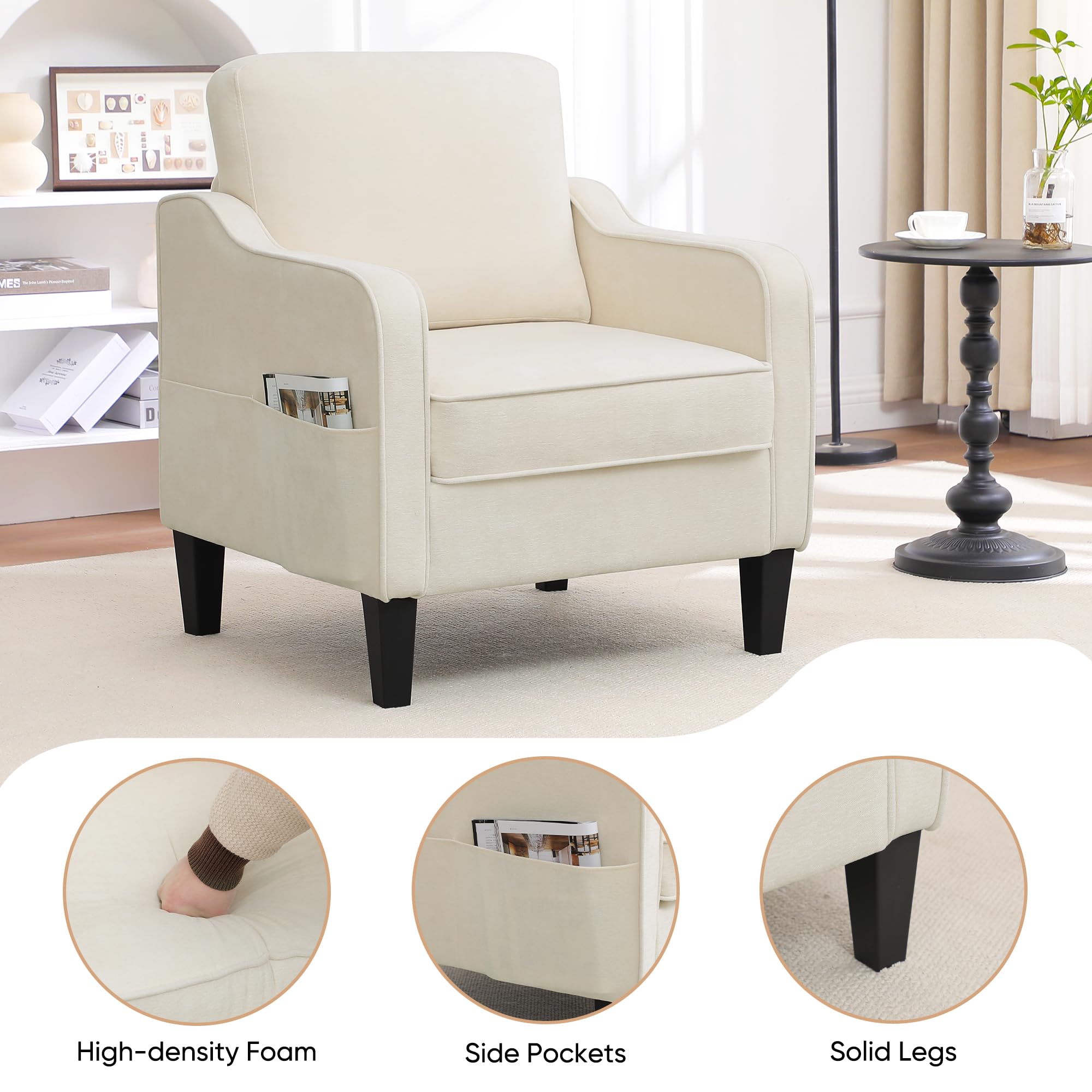 Accent Chair for Living Room, Mid Century Modern Reading Chair for Bedroom, Upholstered Armchair with Side Pockets, Comfy Single Sofa Side Chair for Office, Apartment, Small Room, Beige