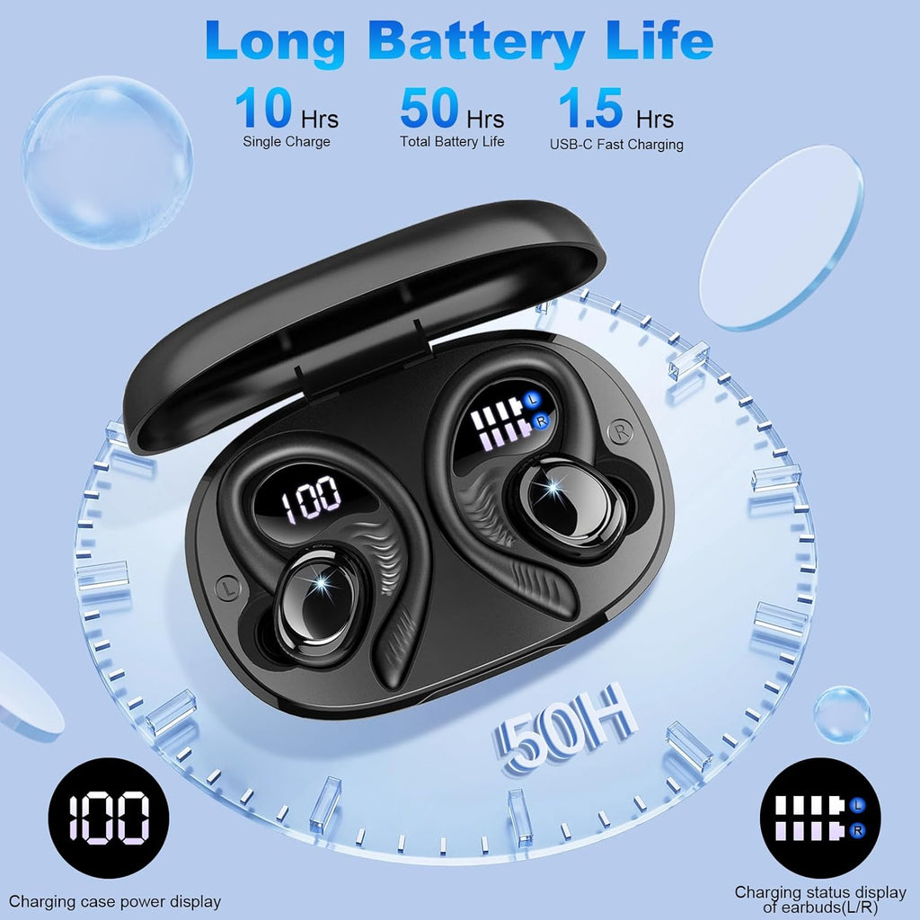Hupoaf Wireless Earbuds Sport, 2025 Bluetooth 5.4 Headphones with Earhooks, 50H Stereo Deep Bass Over Ear Buds with 4 ENC Mics, IP7 Waterproof Earphones for Running Workout Gym (Android/iOS)