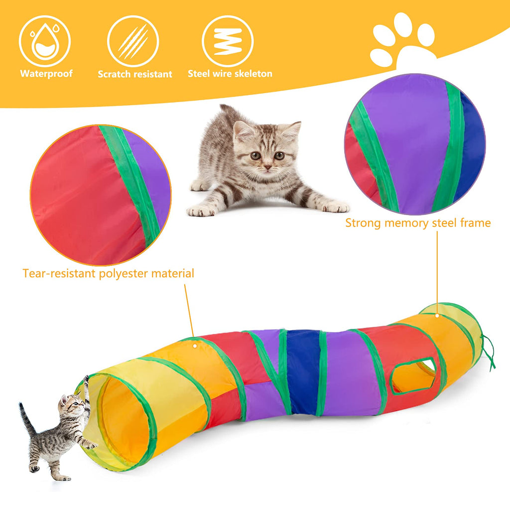 Sheldamy Cat Tunnel, 2-Way Collapsible Play Tunnel, Interactive Toy Maze for Small Animals, Suitable for Kittens, Puppies, Rabbits, Ferrets, Blue & Black