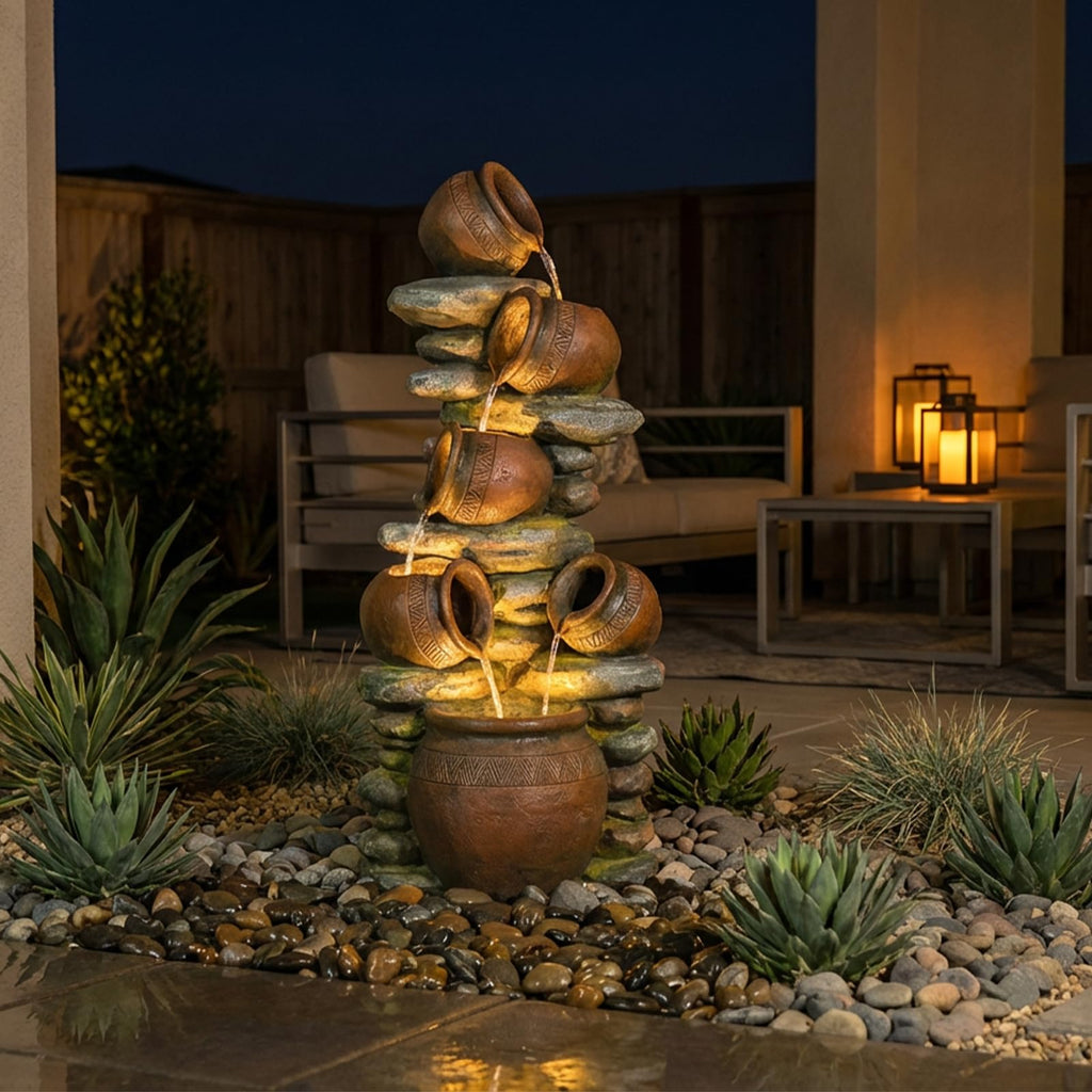 Bumilgar 2-Tier Bowl Water Fountain with LED Lights, 27.95" Tall Freestanding Outdoor & Indoor Garden Waterfall Fountain for Yard, Patio, Backyard, Floor Standing Home Decor