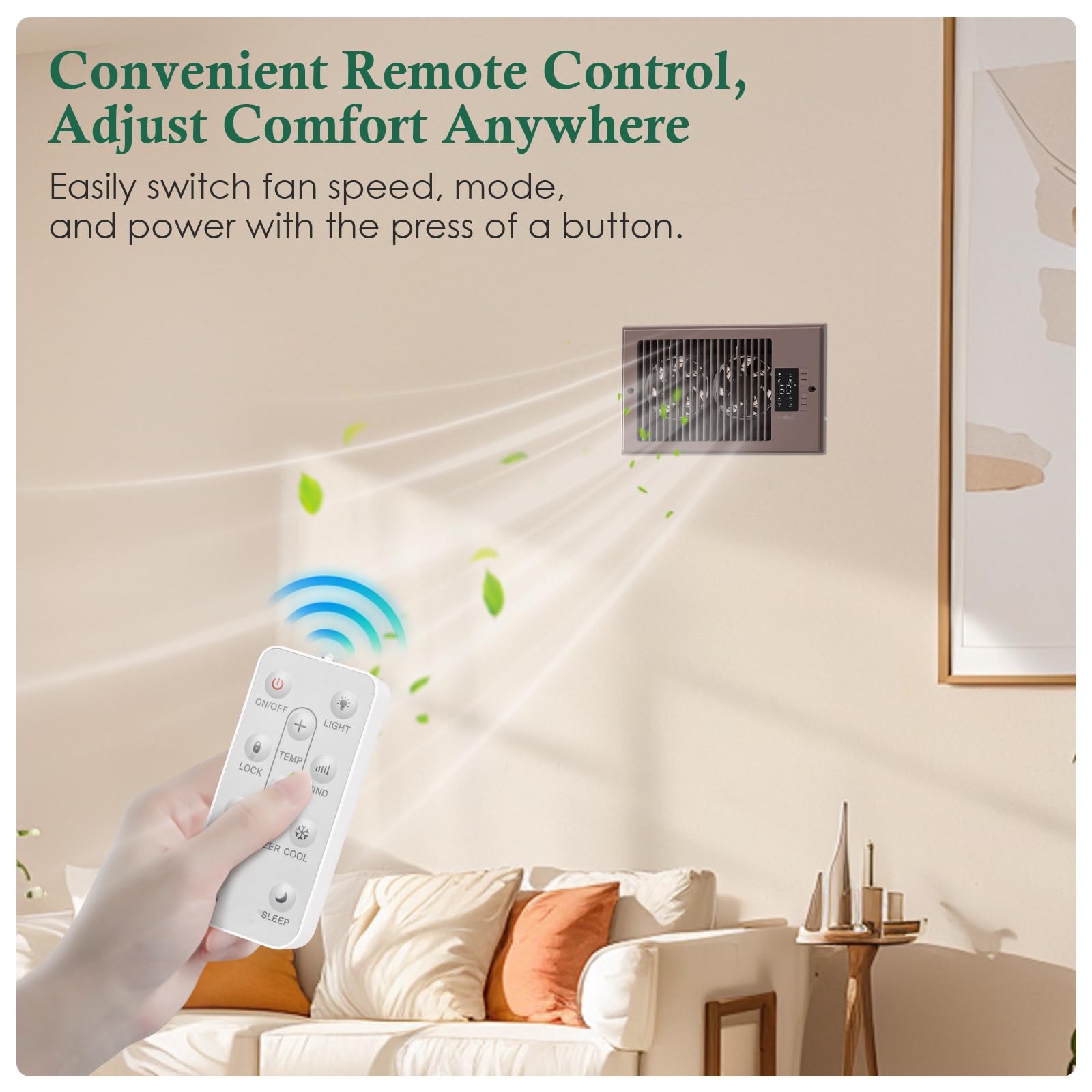 VallisCo Register Booster Fan 6" x 10" with Negative Ion, Manual Airflow Direction Control, Quiet 10-Speed Heating Cooling AC Vent Fan with Remote & Thermostat Control for Wall Floor, Bronze