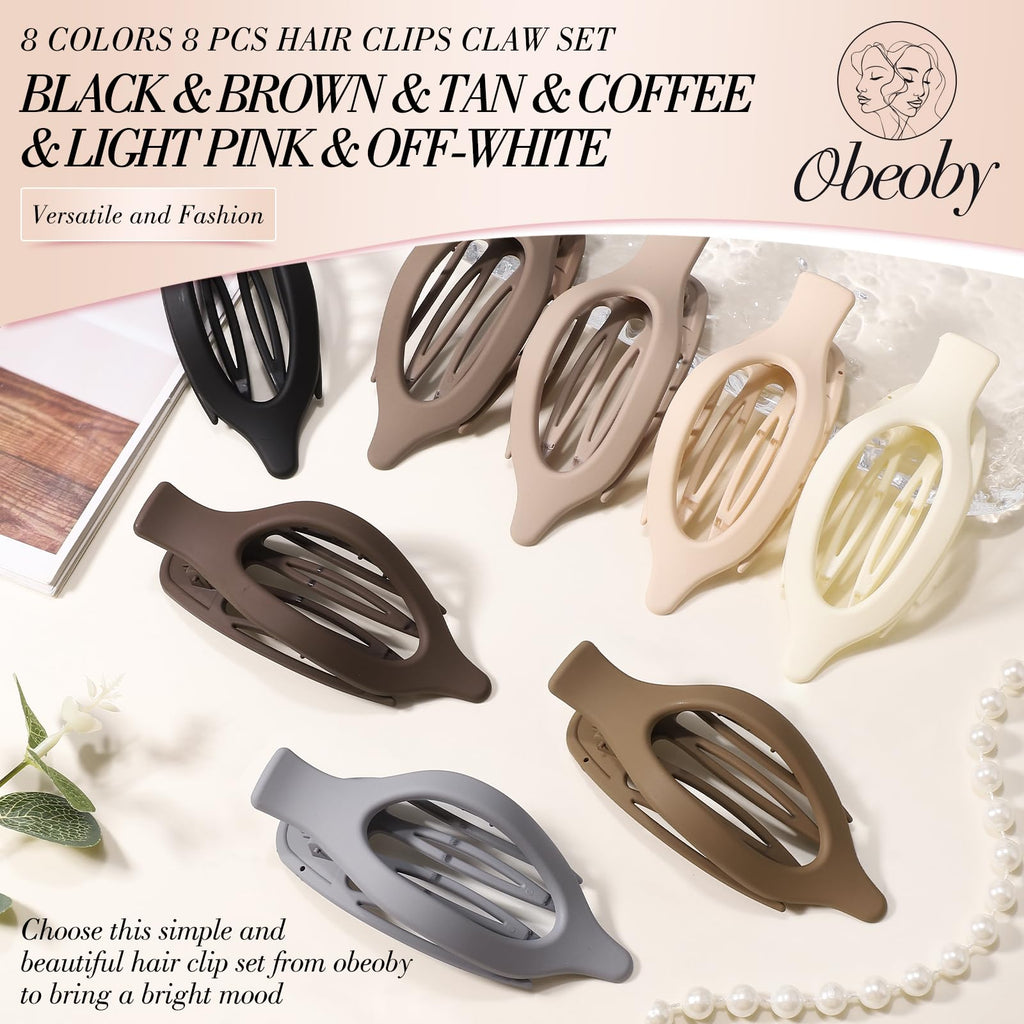 Obeoby 8 Pcs Flat Claw Clips for Women, Strong Hold French Flat Hair Clips for Thick Thin Hair Barrettes Accessories Round Large Medium (Tortoiseshell)