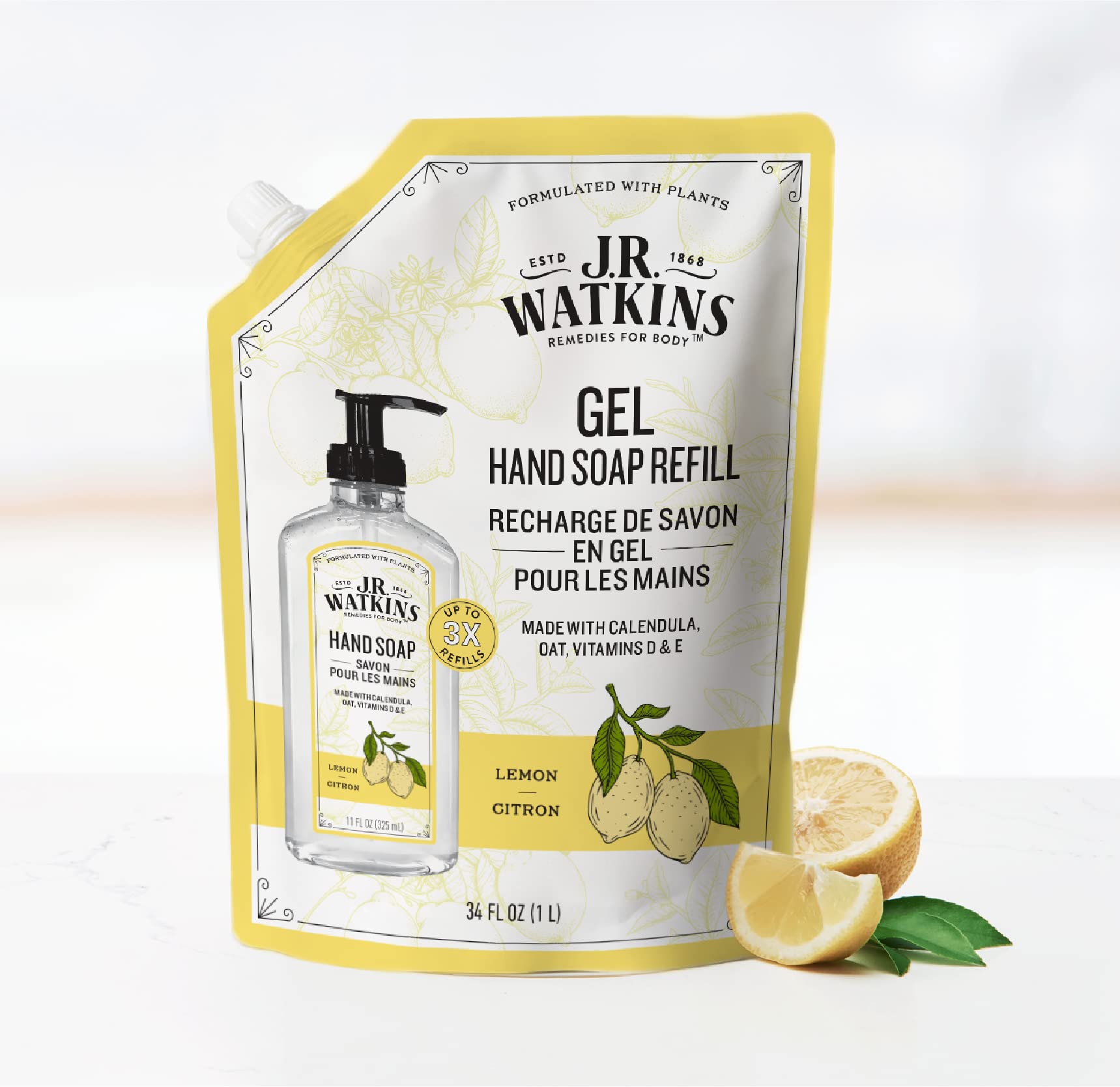 J.R. Watkins Gel Hand Soap Refill, Moisturizing Hand Wash, Formulated with Plant-Based Cleansers, Alcohol-Free, Cruelty-Free, Aloe & Green Tea, 34 Fl Oz, 2 Pack
