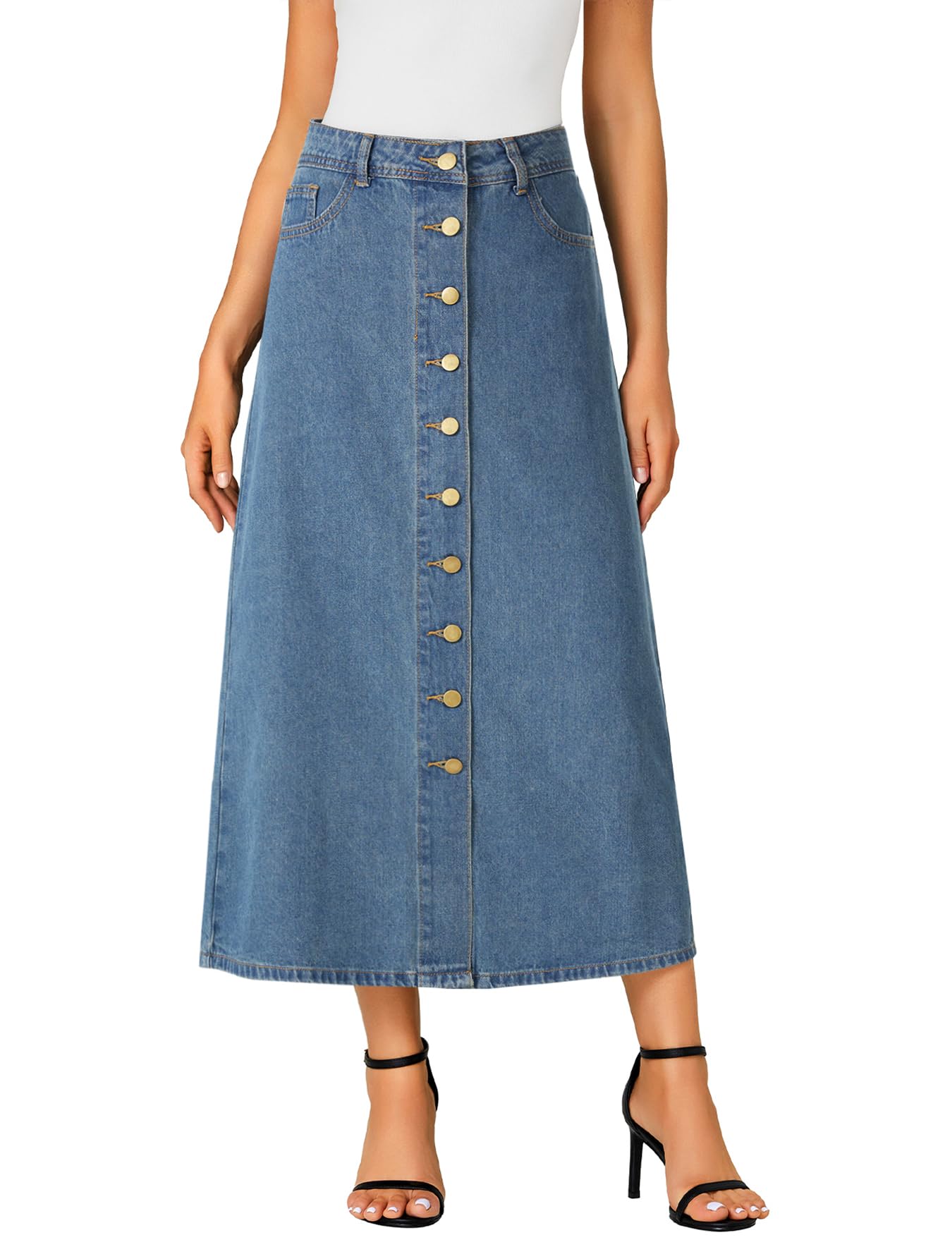 Vrtige Women's Casual Button Down High Waisted A Line Jean Midi Long Denim Skirt with Pockets