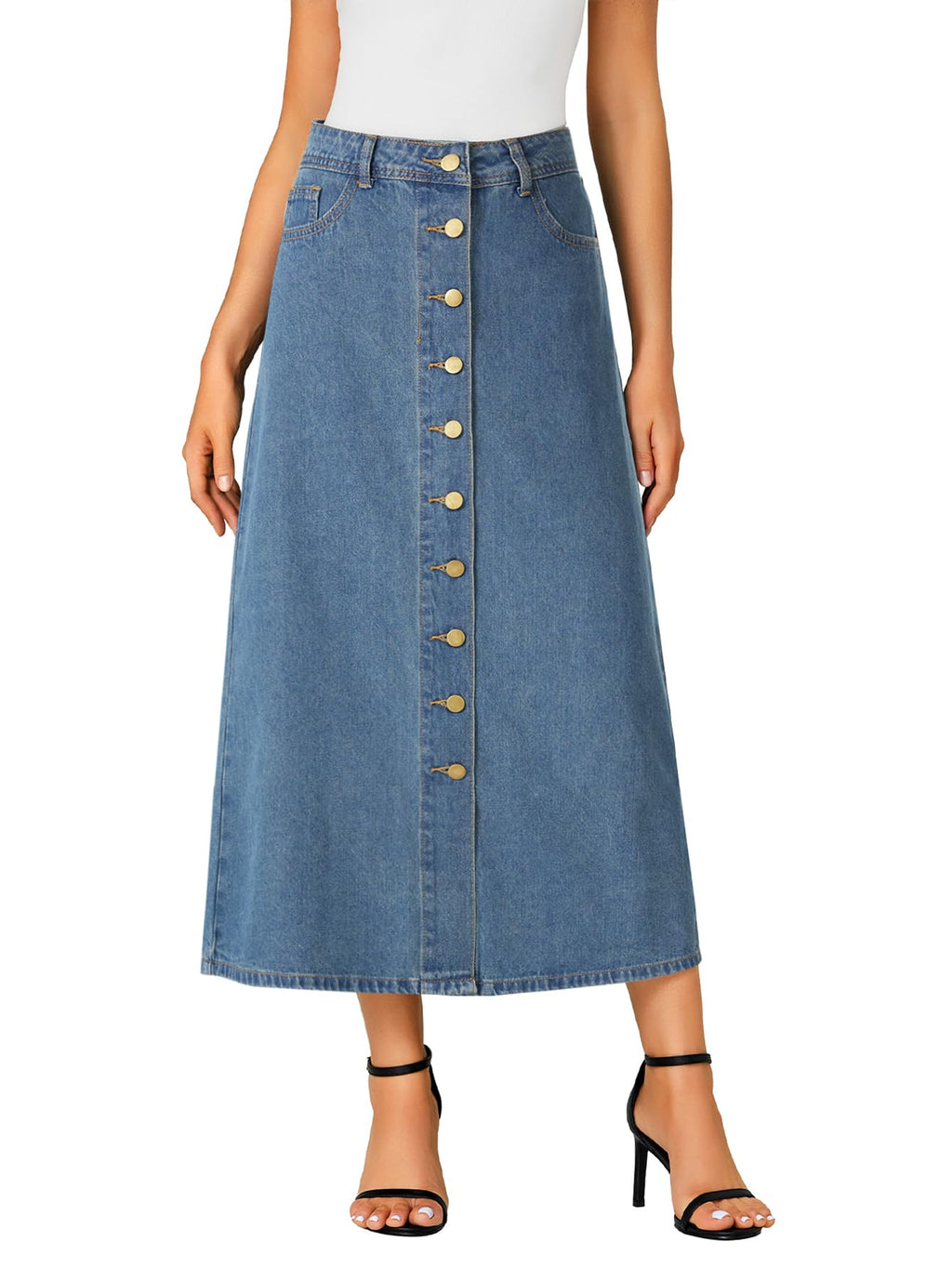 Vrtige Women's Casual Button Down High Waisted A Line Jean Midi Long Denim Skirt with Pockets