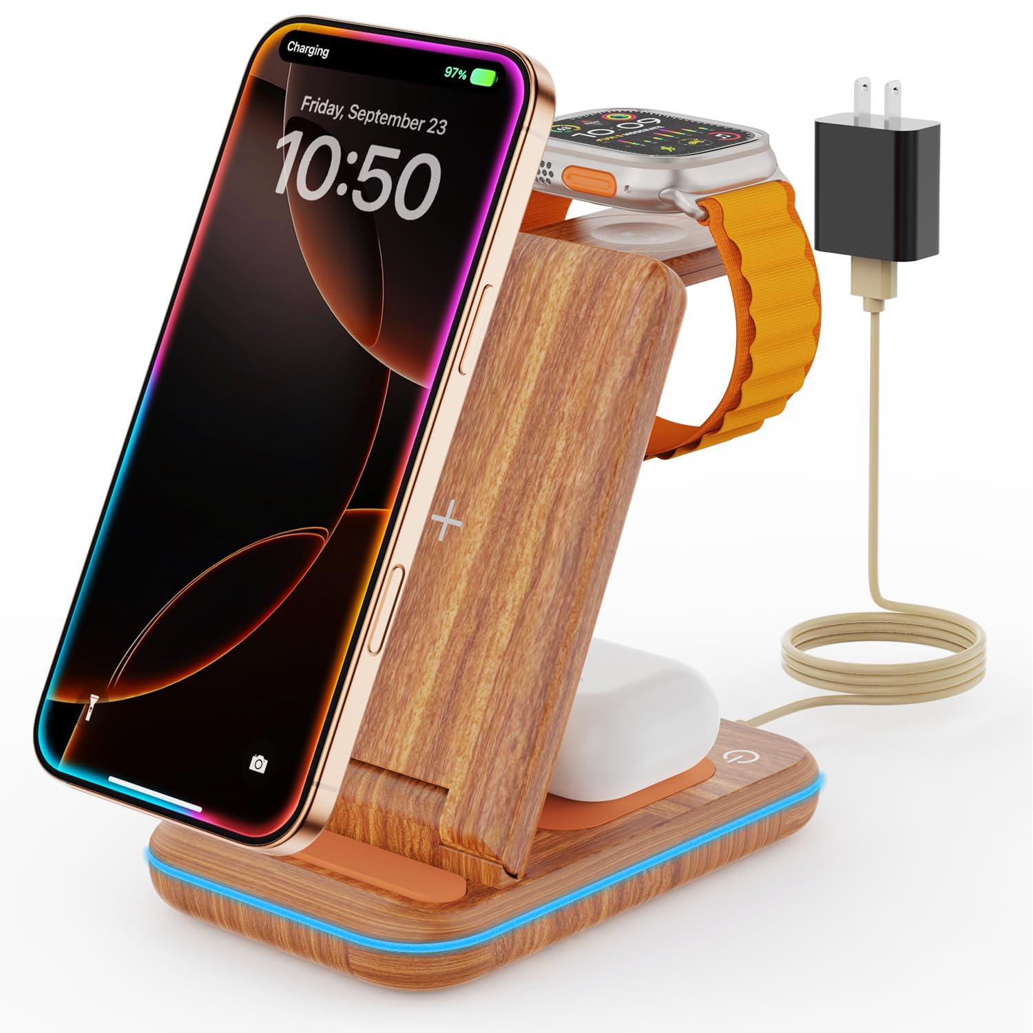 GEEKERA 3 in 1 Wireless Charging Station, Foldable Wireless Charger Stand for Multiple Apple Devices for iPhone 17 16-8, Apple Watch Ultra//11/10/9/SE/8/7/6/5, AirPods Pro/4/3/2