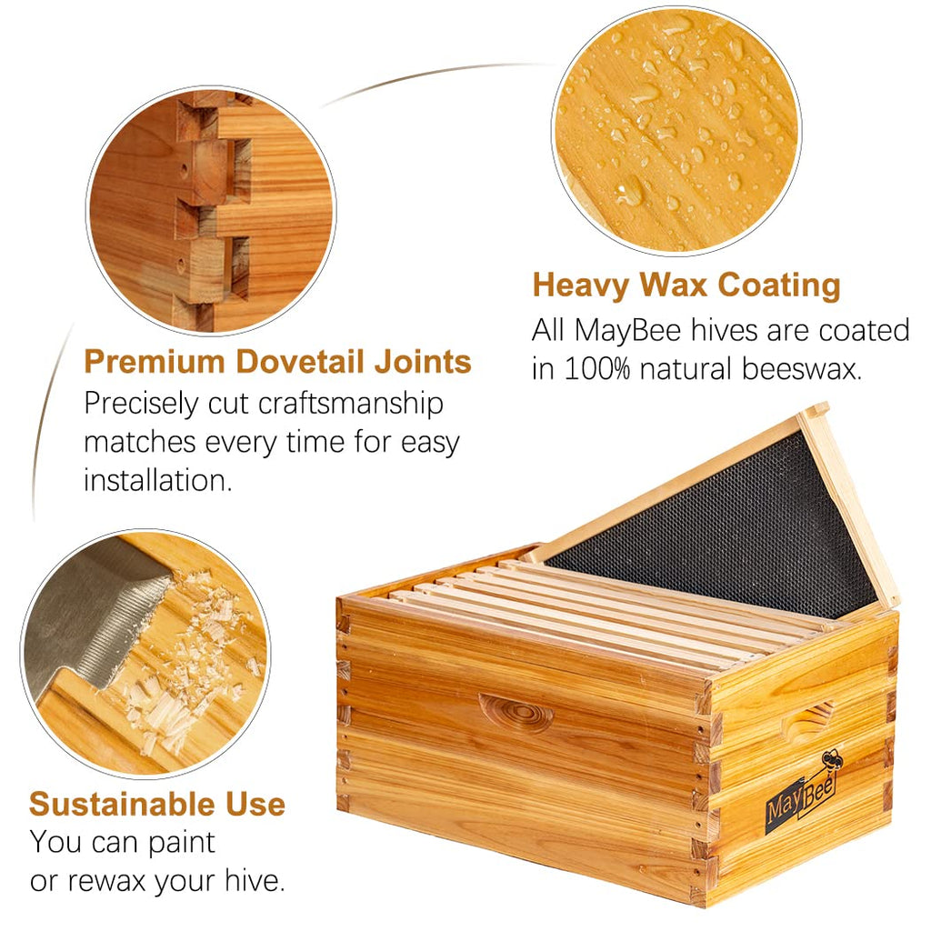 8-Frame Beehive Box Langstroth Deep Brood Box Dipped in 100% Beeswax Includes Wooden Frames & Waxed Foundations (Unassembled)