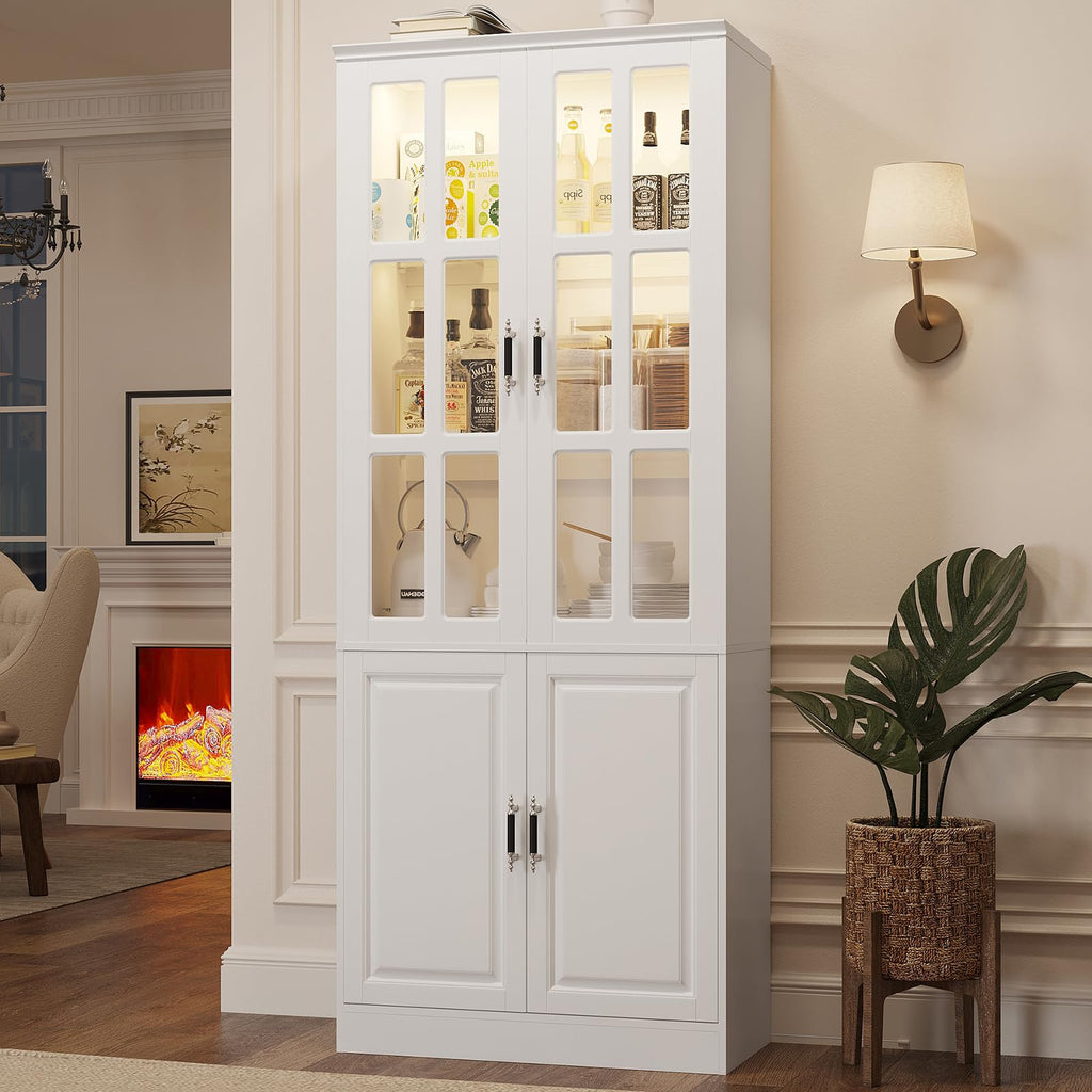 MEISSALIVVE Kitchen Pantry Storage Cabinet with LED Lights, 78.7" Tall with Glass Doors & Drawers, Freestanding Utility Cabinet, Black (31.5" W x 15.7" D)
