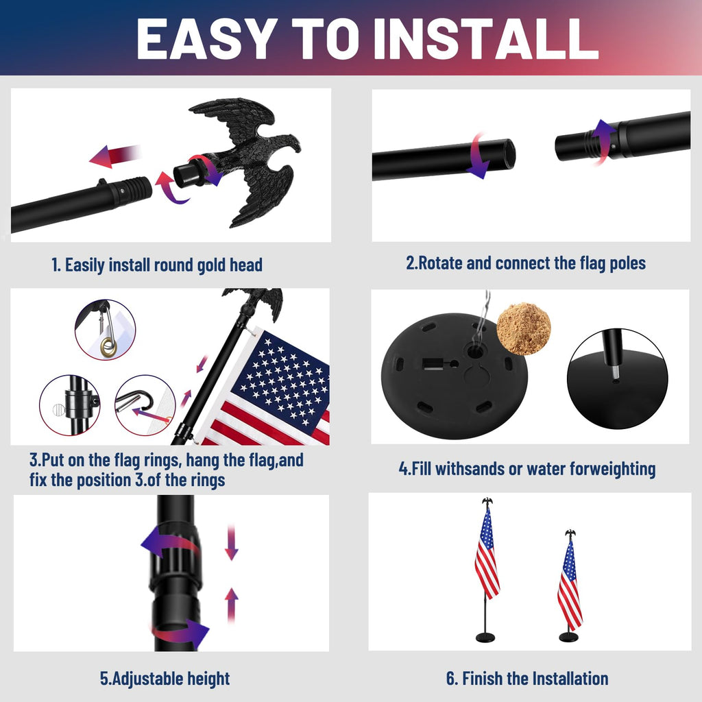 Indoor Flagpole with Base,Telescoping Flag Pole 6FT-8FT, Flagpoles Rotate 360 Degrees, 3X5 USA Flag-Heavy Duty Water Resistant Polyester Canvas Embroidered Stars. Suitable for Office, Auditorium, School, Use (1-pack)