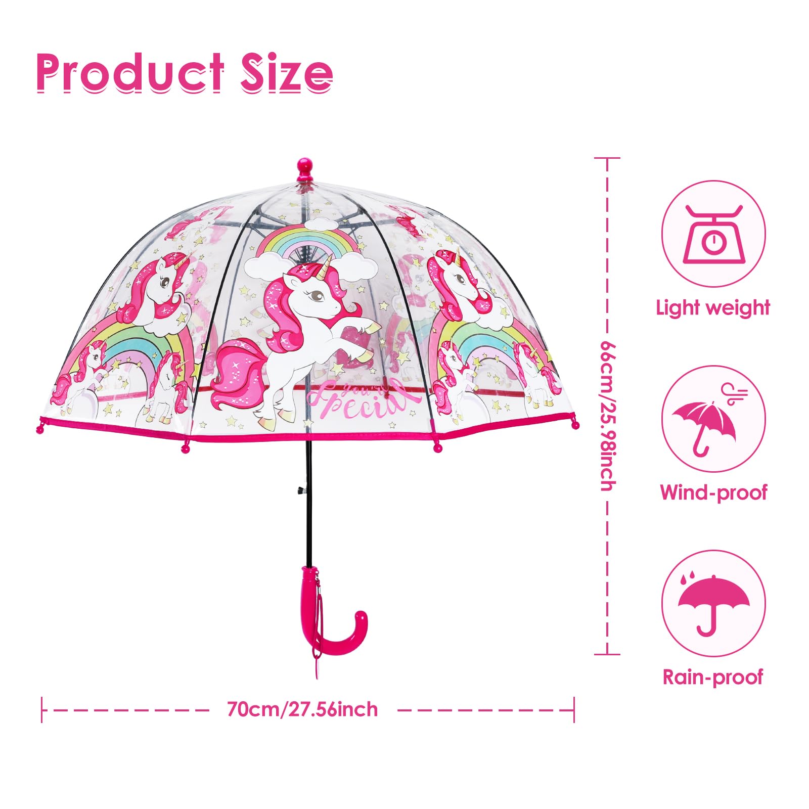 decalsweet Kids Umbrella Clear Bubble Umbrellas for Rain,Transparent Dome Safety Windproof Umbrella with Easy-Grip Hook Handle for Toddler Girls and Boys