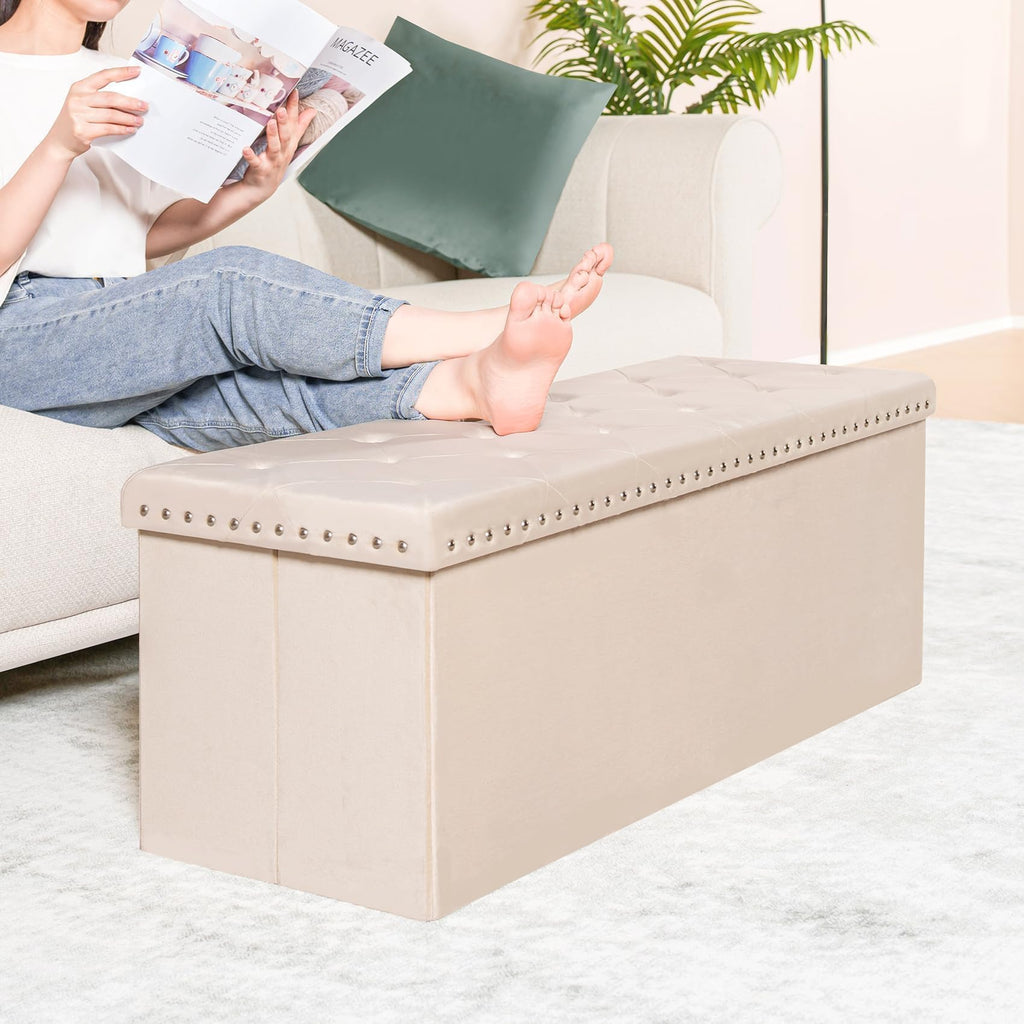 PINPLUS Folding Storage Ottoman Bench, Folding Velvet Tuffed Foot Rest Stool with Rivet, End of Bed Bench Large Long Shoes Chest for Bedroom Entryway Living Room, Beige, 41.3 Inches