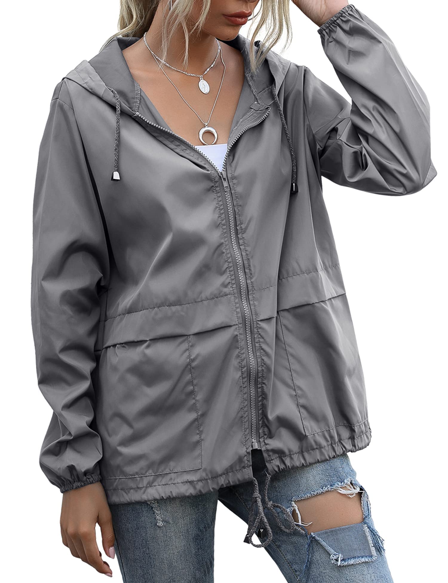 Women's Raincoats Lightweight Waterproof Windproof Adjustable Windbreaker Rain Jackets Hooded with Pockets S-XXL