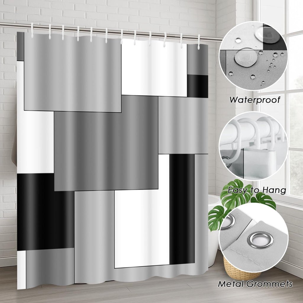 Beige Geometric Shower Curtain Set with Toilet Lid Cover and Non-Slip Rugs for Bathroom, Black Grey White Checkered 4 Pcs Shower Curtain, Modern Abstract Bathroom Set with 12 Hooks