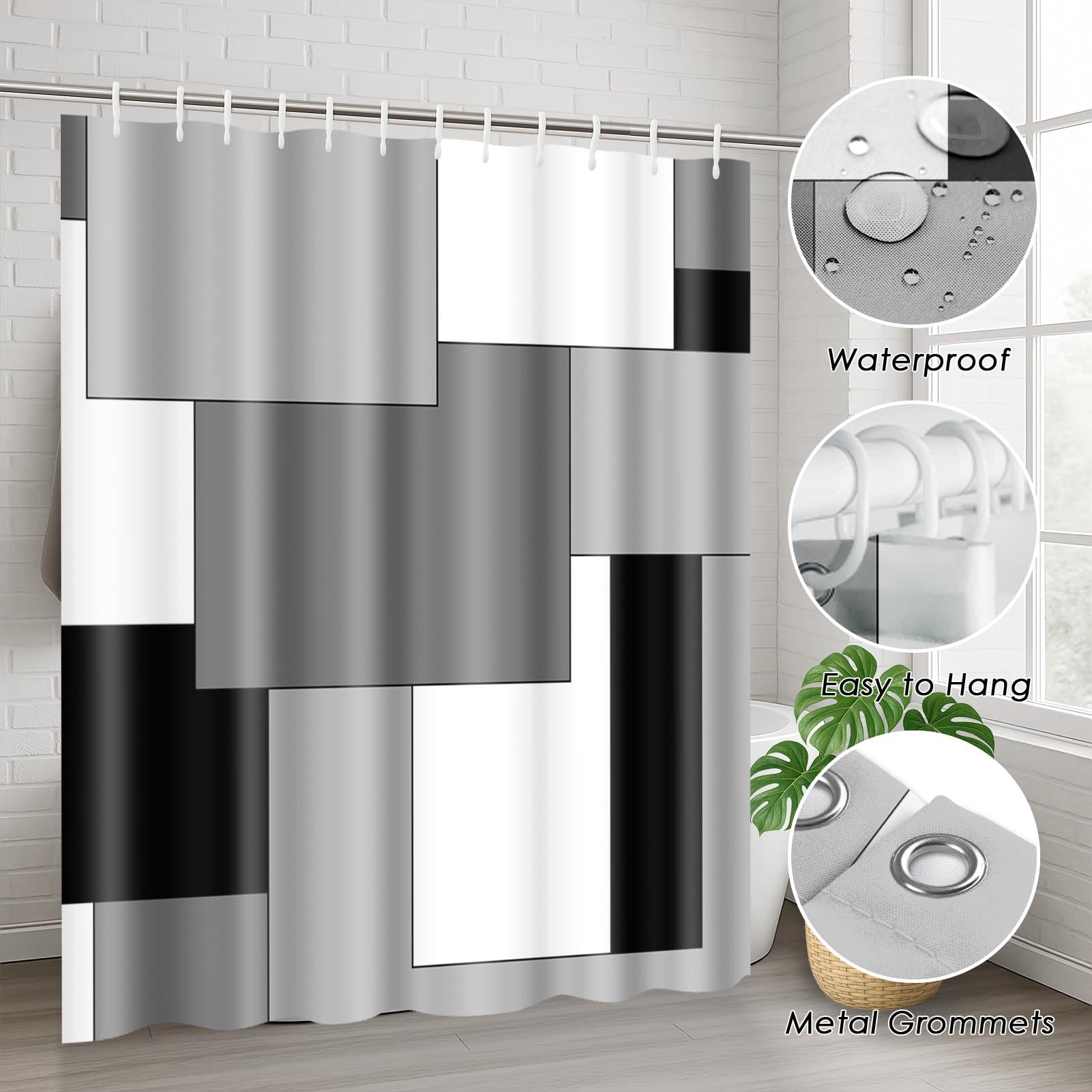 Beige Geometric Shower Curtain Set with Toilet Lid Cover and Non-Slip Rugs for Bathroom, Black Grey White Checkered 4 Pcs Shower Curtain, Modern Abstract Bathroom Set with 12 Hooks