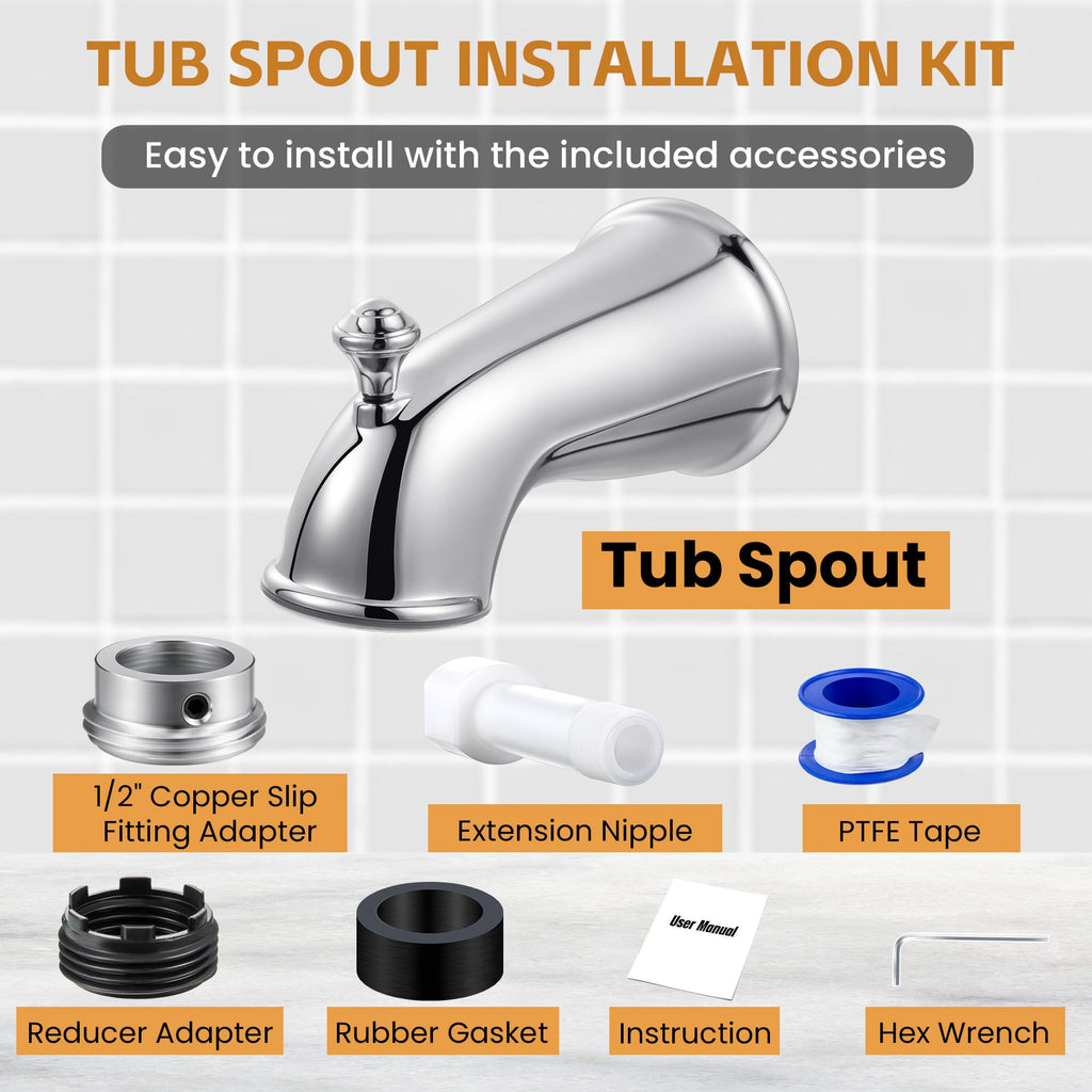 Dreyoo Tub Spout (Universal Fits 1/2" Copper Pipe, 1/2" IPS and 3/4" IPS), Bathroom Bathtub Faucet with Adapters and Hex Wrench(Brushed Nickel,Simple)