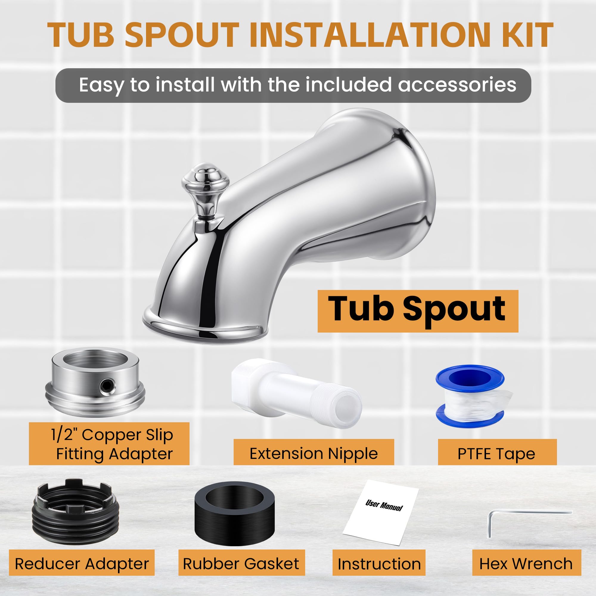 Dreyoo Tub Spout (Universal Fits 1/2" Copper Pipe, 1/2" IPS and 3/4" IPS), Bathroom Bathtub Faucet with Adapters and Hex Wrench(Brushed Nickel,Simple)
