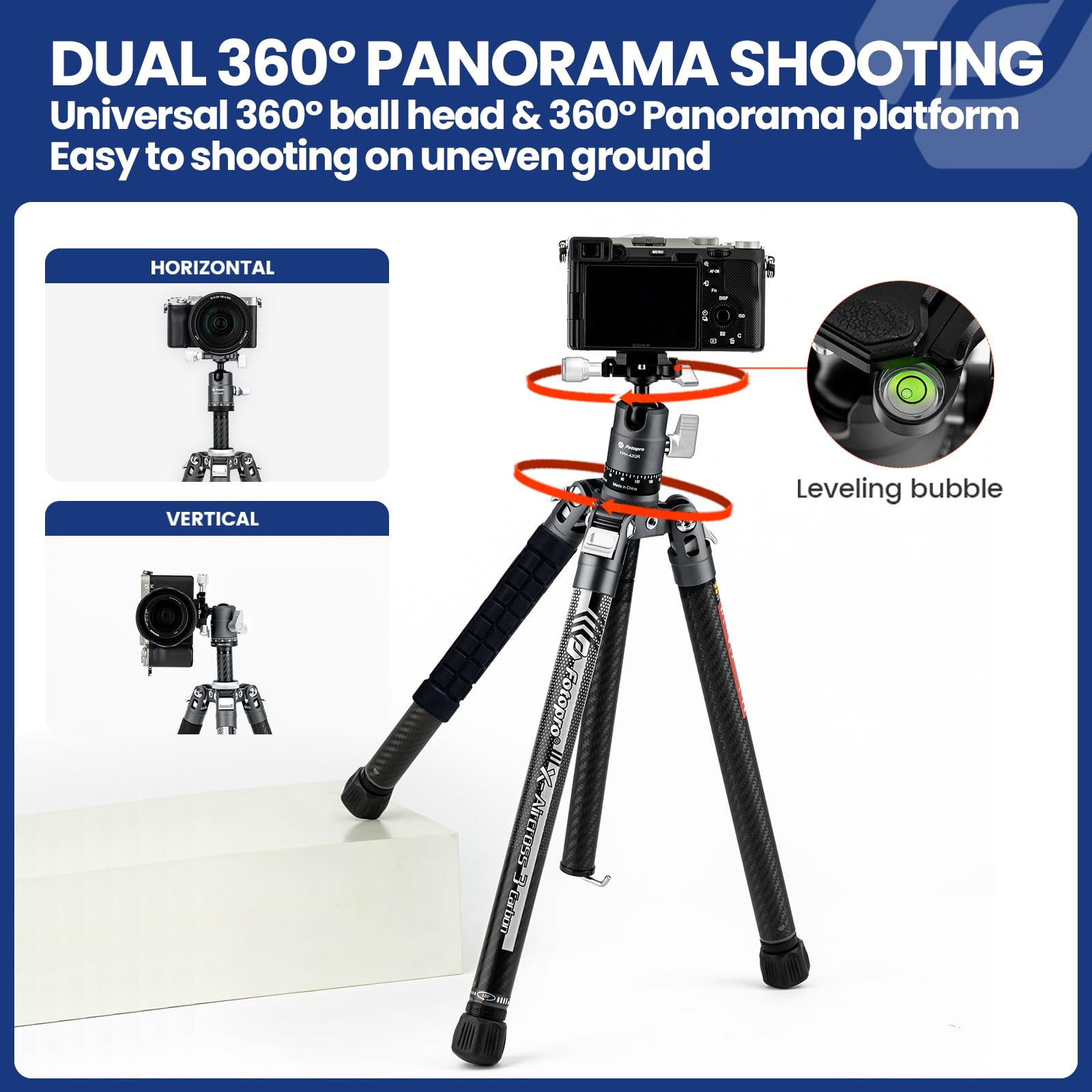 Fotopro 60" Camera Tripod, Carbon Fiber Travel Tripod with 360° Ball Head, Ultralight 2.1lbs, 22lbs Load, Quick Lock, Folds to 14.3" Carry-On, for DSLR Mirrorless Cameras, X-Aircross 3 Blue