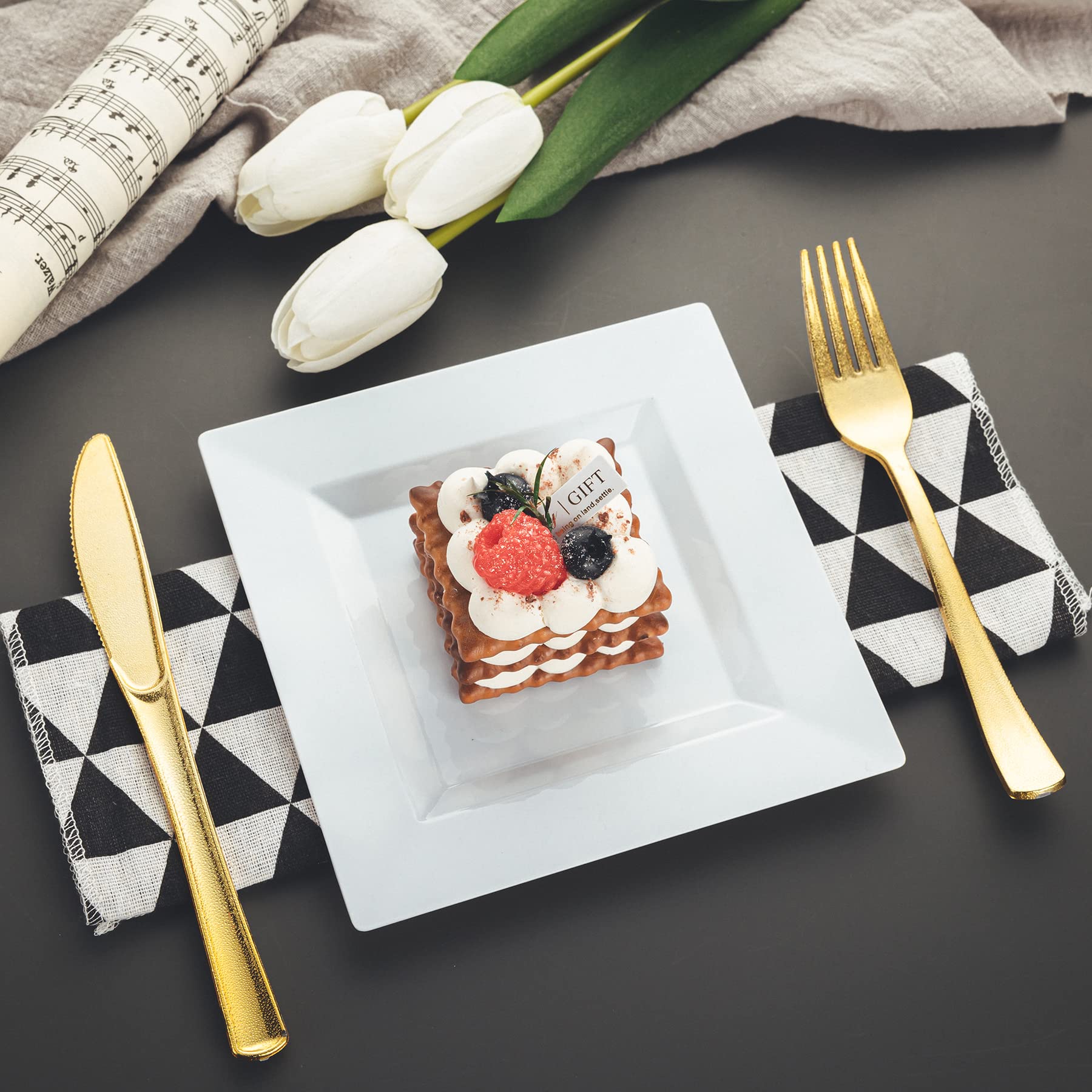 100 Pack Black Plastic Square Dessert Plates, 6.5" Disposable Salad Plates Heavy Duty Plates for Party, Wedding, Christmas, Easter