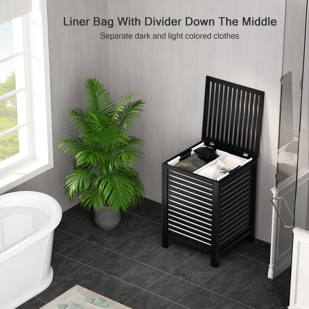 Homykic Bamboo Laundry Hamper with Lid, 120L Large Clothes Laundry Sorter with Removable 2-Section Liner Bag, Raised Laundry Basket Organizer for Clothing, Bathroom, Bedroom, Laundry Room, Black