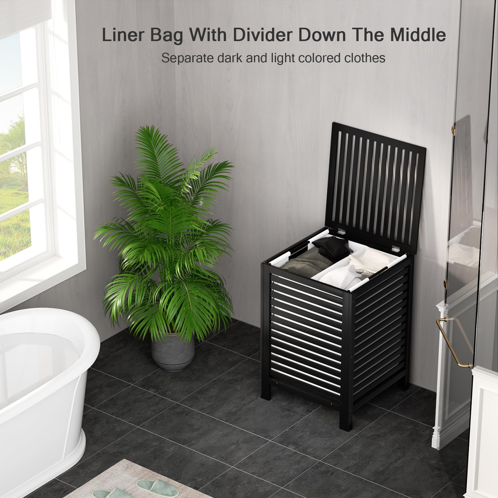 Homykic Bamboo Laundry Hamper with Lid, 120L Large Clothes Laundry Sorter with Removable 2-Section Liner Bag, Raised Laundry Basket Organizer for Clothing, Bathroom, Bedroom, Laundry Room, Black