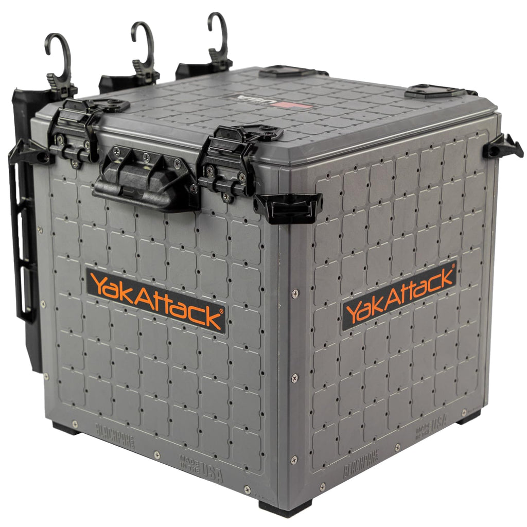 YakAttack BlackPak Pro 13" x 13" Fishing Crate with 3 Rod Holders - Battleship Grey | Compact Tackle Storage Box & Gear Organizer for Kayaks | Lightweight, Durable & Customizable Marine Accessory