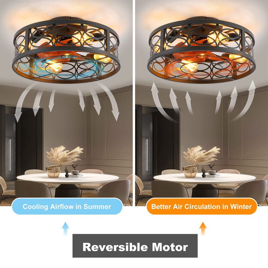 20" Boho Rattan Caged Ceiling Fan with Light,Low Profile Flush Mount Bladeless Ceiling Fan with Remote Control, 6 Speeds Reversible Silent Motor, Farmhouse Fabric Fandalier for Bedroom,Living Room
