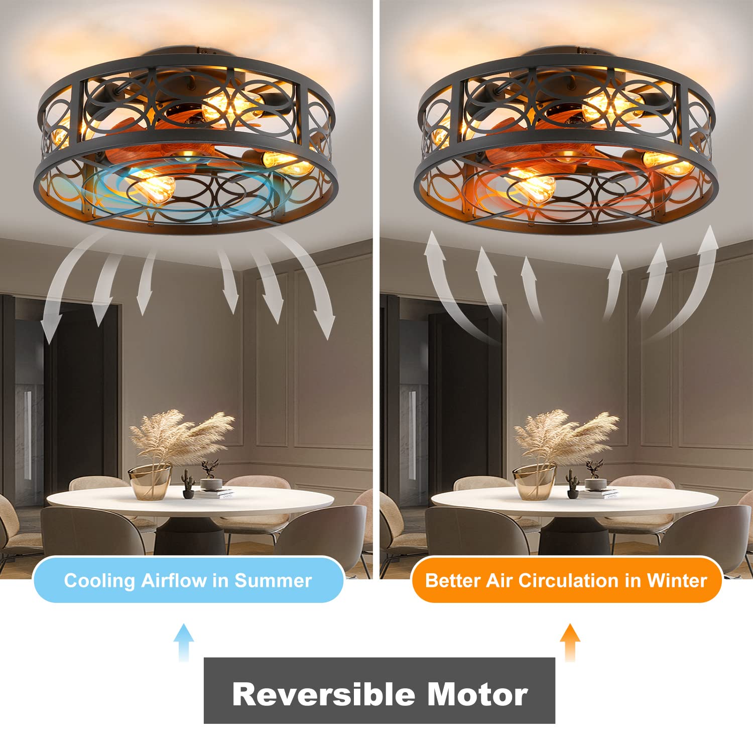 20" Boho Rattan Caged Ceiling Fan with Light,Low Profile Flush Mount Bladeless Ceiling Fan with Remote Control, 6 Speeds Reversible Silent Motor, Farmhouse Fabric Fandalier for Bedroom,Living Room