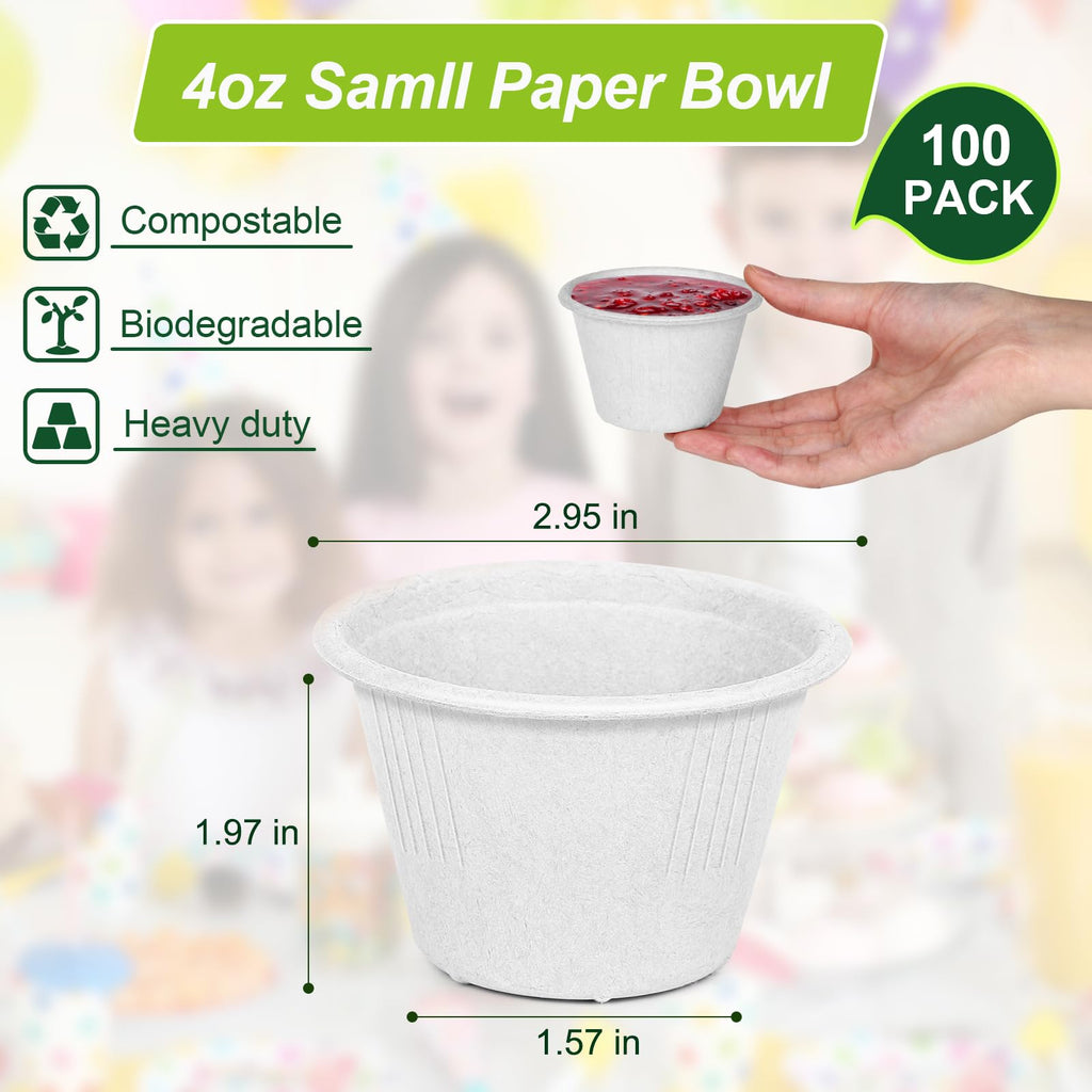 4 oz Small Paper Bowls, 100 Pack Compostable Bagasse Fiber Bowls, Microwavable for Condiments, Sauce, Ice Cream