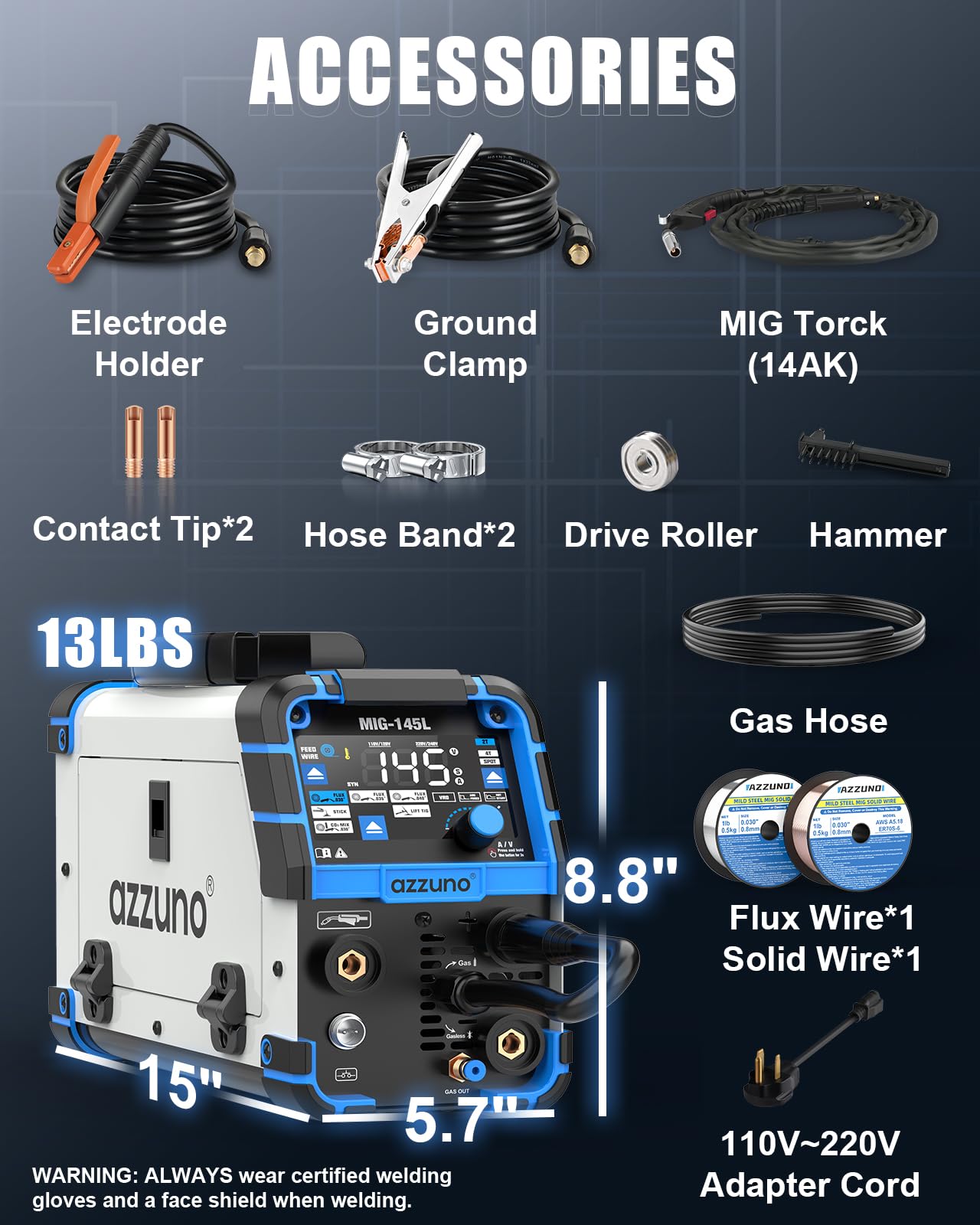 AZZUNO MIG Welder Machine 110V/220V, 155Amp 5-in-1 Gas MIG/Aluminum MIG/Gasless Flux MIG/Lift TIG/Stick Welding Machine, Wire Feed Welder