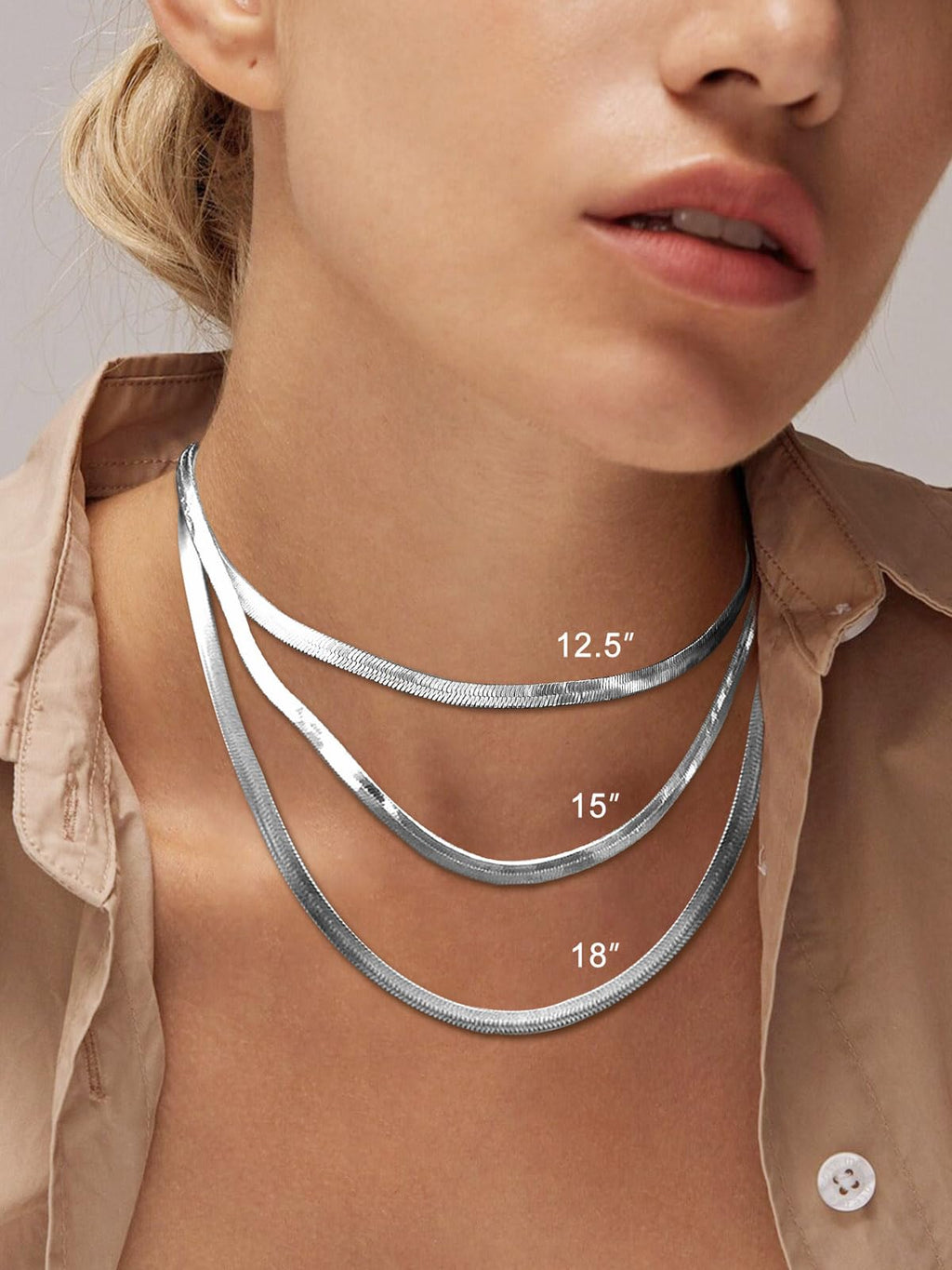 FOCALOOK 14K Gold Plated Necklaces for Women, Fashion Herringbone Choker Necklace Stainless Steel Flat Snake Chain 3/5MM(W) 12.5"/15"/18"+3.5"(L)