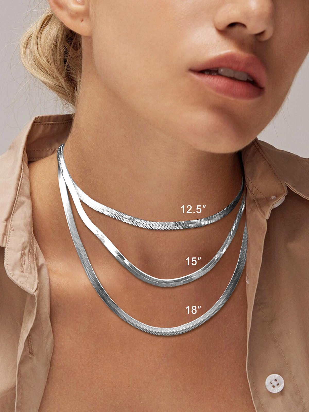 FOCALOOK 14K Gold Plated Necklaces for Women, Fashion Herringbone Choker Necklace Stainless Steel Flat Snake Chain 3/5MM(W) 12.5"/15"/18"+3.5"(L)