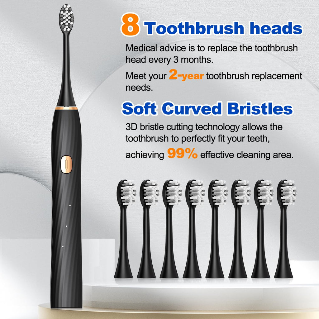 FXQQZZ Electric Toothbrush for Adults and Kids, with Tongue Scraper and Travel Case, 8 Brush Head, Smart Timer & 4 Modes Rechargeable Toothbrush, 42000 VPM Deep Clean, One Charge Last 90 Days - Black