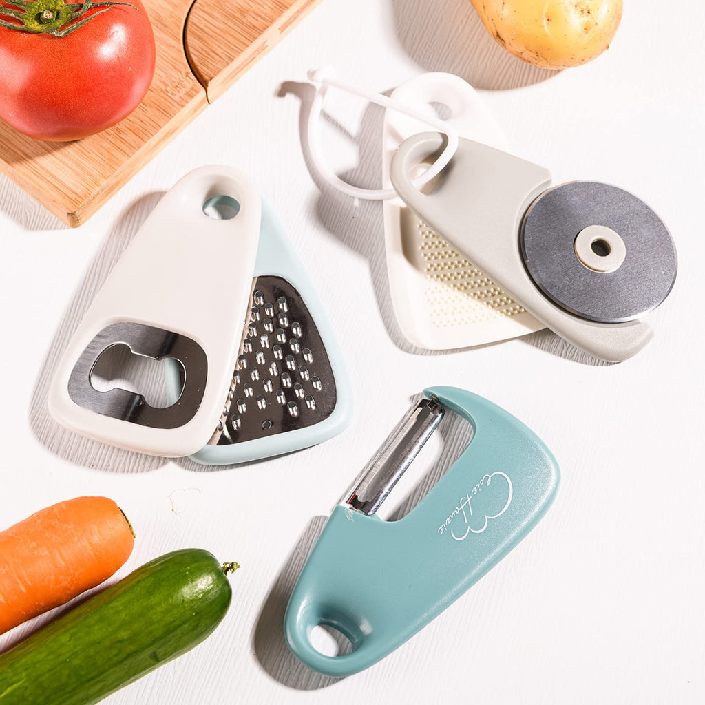 5 Pieces Kitchen Gadgets Set - Space Saving Cooking Tools Accessories Cheese Chocolate Grater, Fruit Vegetable Peeler, Bottle Opener, Pizza Cutter, Burlap Bags with Drawstring Gift Set