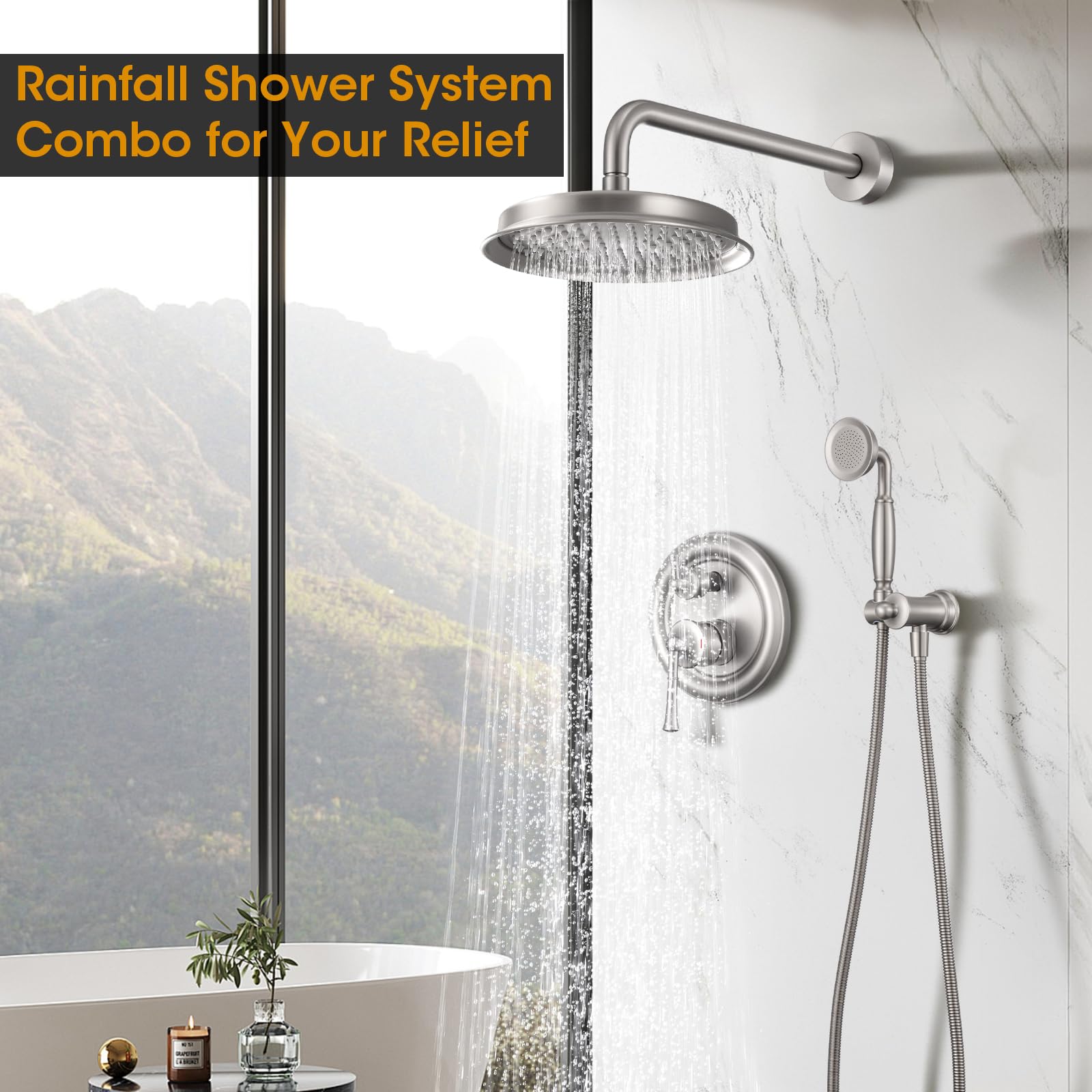 Rainfall Shower Head with Handheld Combo, Brushed Gold Shower System with Balance Pressure Valve, 9 inch Shower Head and Faucet Set, Rain Shower Head with Handheld Spray Wall Mount(B2312-BG)