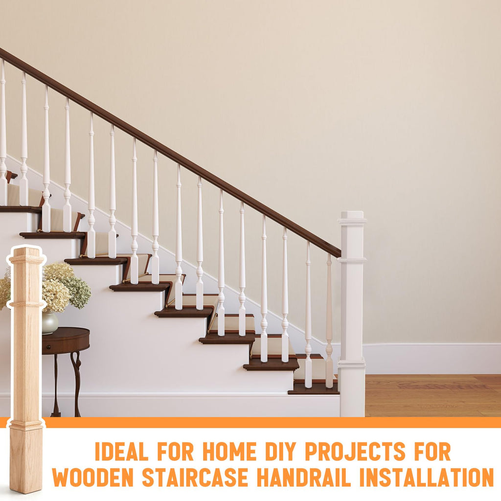 Wonderjune 1 Pcs 48 Inch Red Oak Stair Newel Post with 3 1/2" Post and 4 1/2" Pedestal, Wood Box Newel with Pedestal for Staircase, Plain Style Wood Balusters Interior for Stair Remodeling