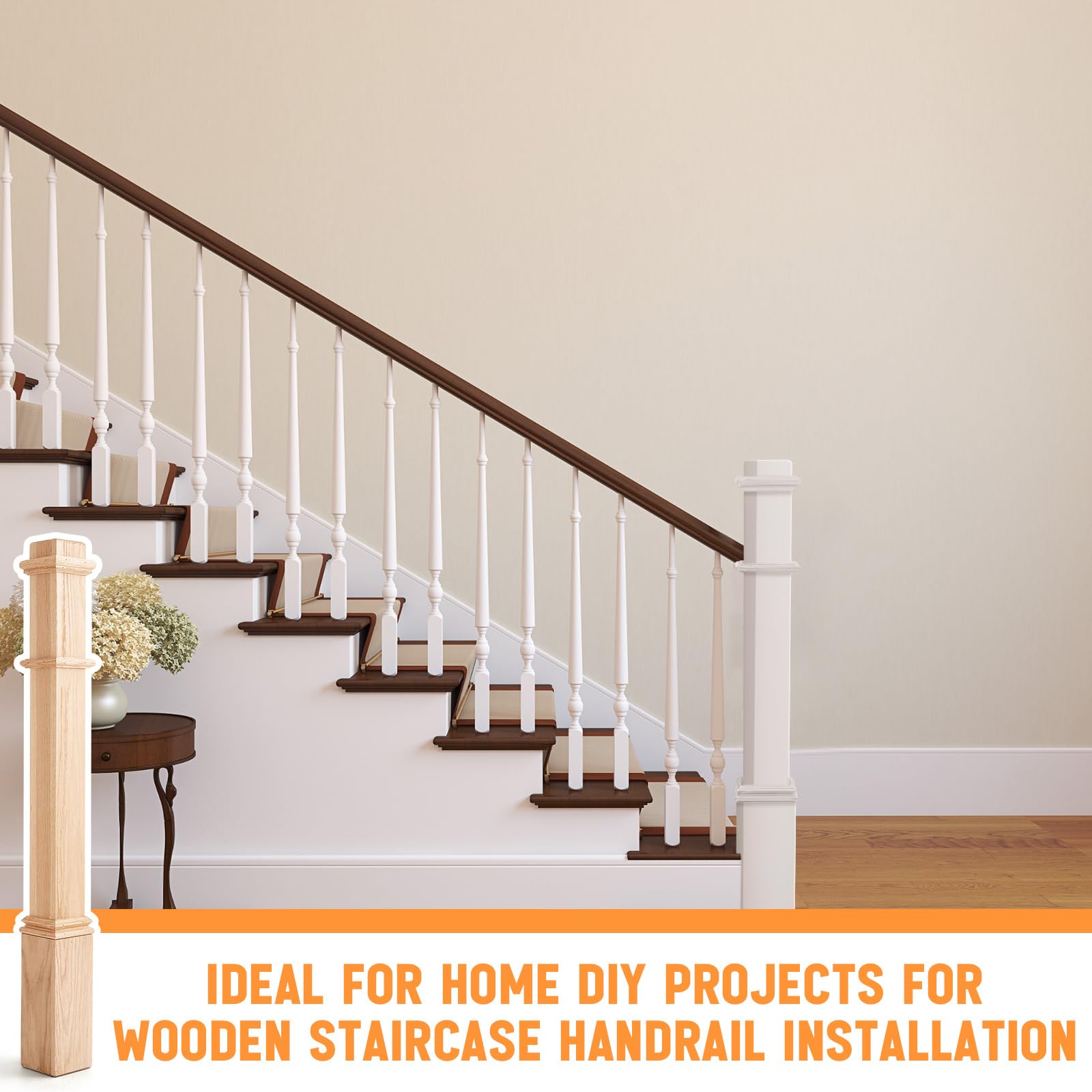 Wonderjune 1 Pcs 48 Inch Red Oak Stair Newel Post with 3 1/2" Post and 4 1/2" Pedestal, Wood Box Newel with Pedestal for Staircase, Plain Style Wood Balusters Interior for Stair Remodeling