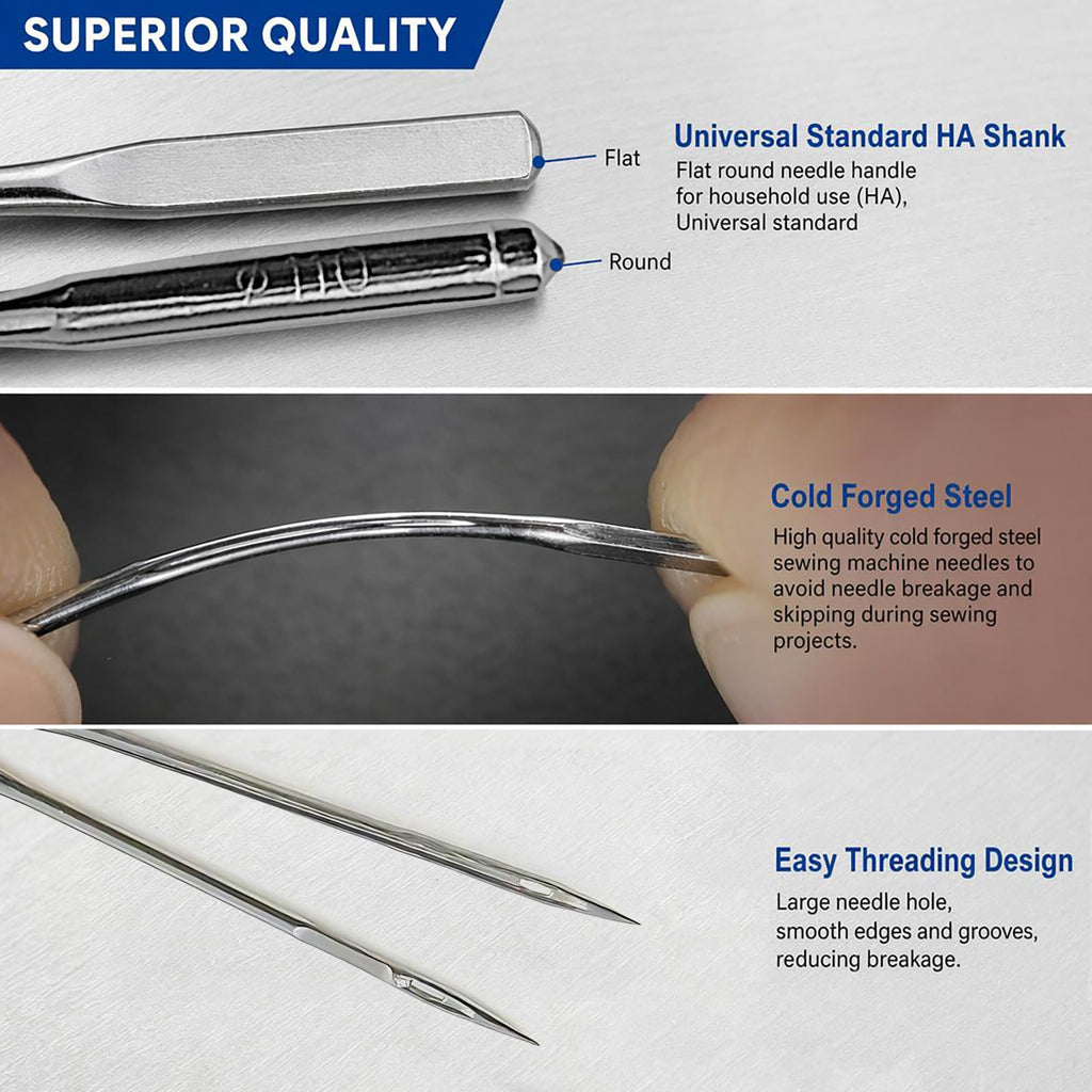 50 Pcs Universal Sewing Machine Needles HAX1 (65/9, 75/11, 90/14, 100/16 and Heavy Duty 110/18) Ideal for Various Fabrics, Compatible with Singer, Brother, Janome and Most Home Sewing Machine Brands