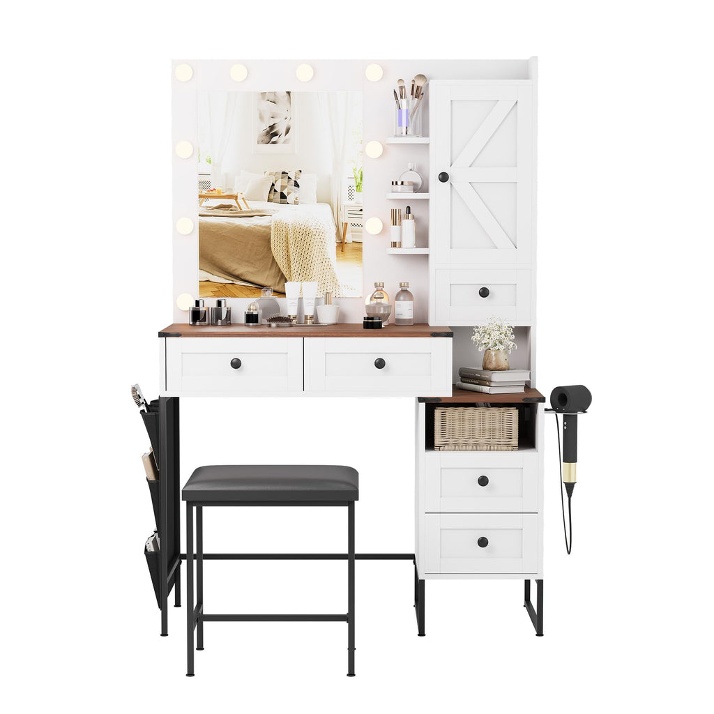 YIKEHOME Makeup Vanity Desk with Mirror and 10 Lights, 3-Colour Hollywood Brighter Bulbs, Vanity Table Set with Large Drawers and and Charging Station for Bedroom Dressing Room White