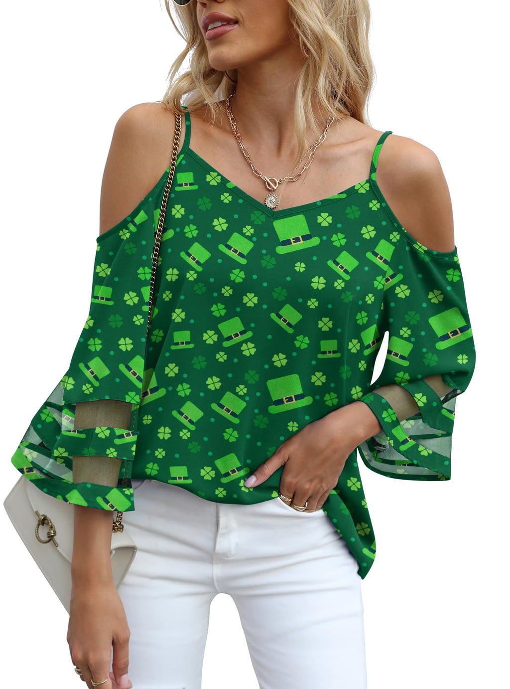 Jouica Womens Summer Cold Shoulder Tops Mesh Panel 3/4 Bell Sleeve Tees Adjustable Spaghetti Strap Loose Fit Shirts