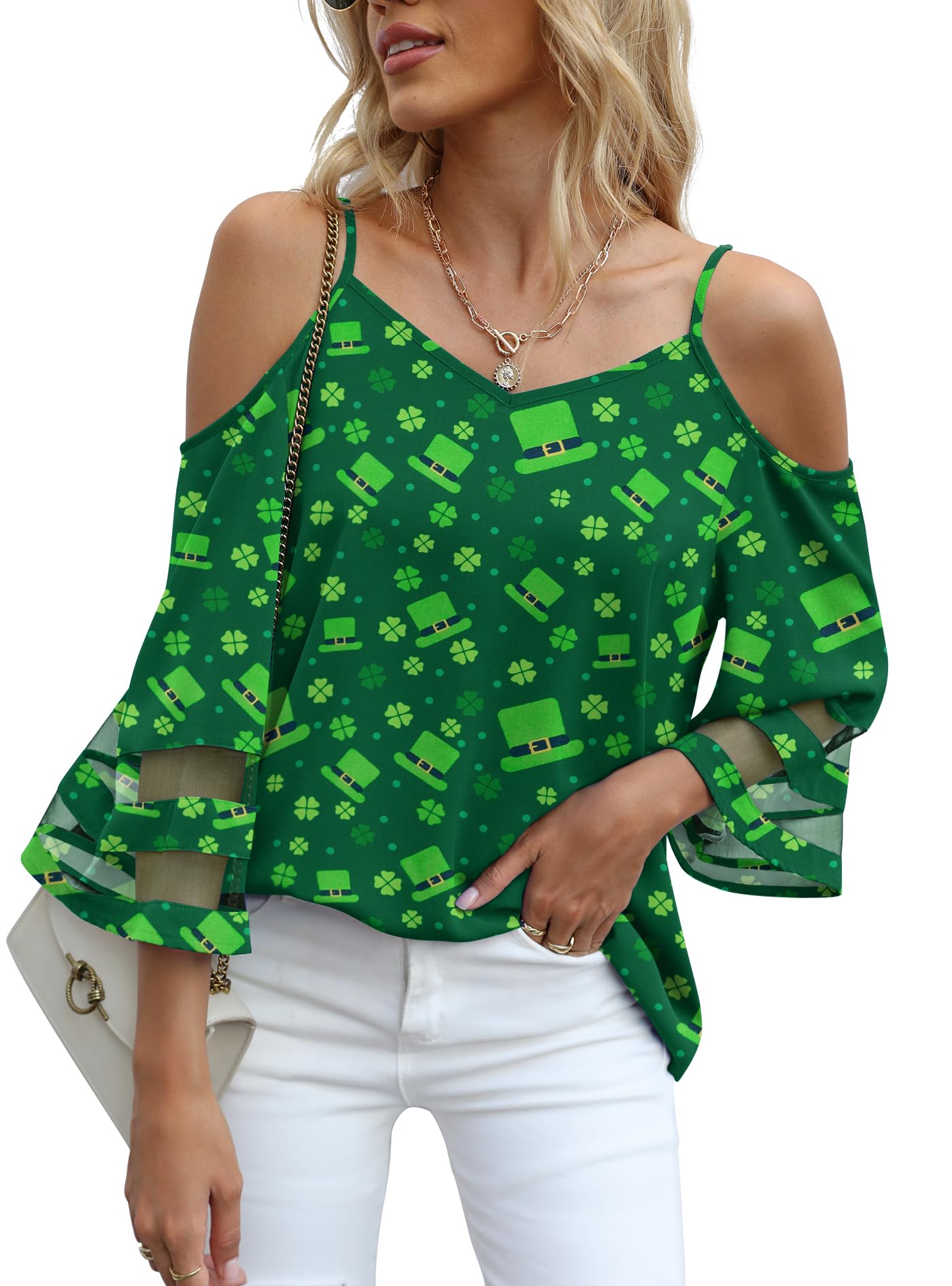 Jouica Womens Summer Cold Shoulder Tops Mesh Panel 3/4 Bell Sleeve Tees Adjustable Spaghetti Strap Loose Fit Shirts